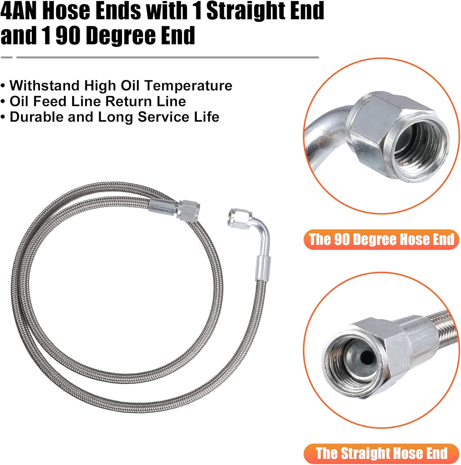 X AUTOHAUX 4AN Turbo Oil Feed Line, 36" Length, Stainless Steel Braided, AN4 Hose End, 90 Degree & Straight Ends, 1 Pack image number 5