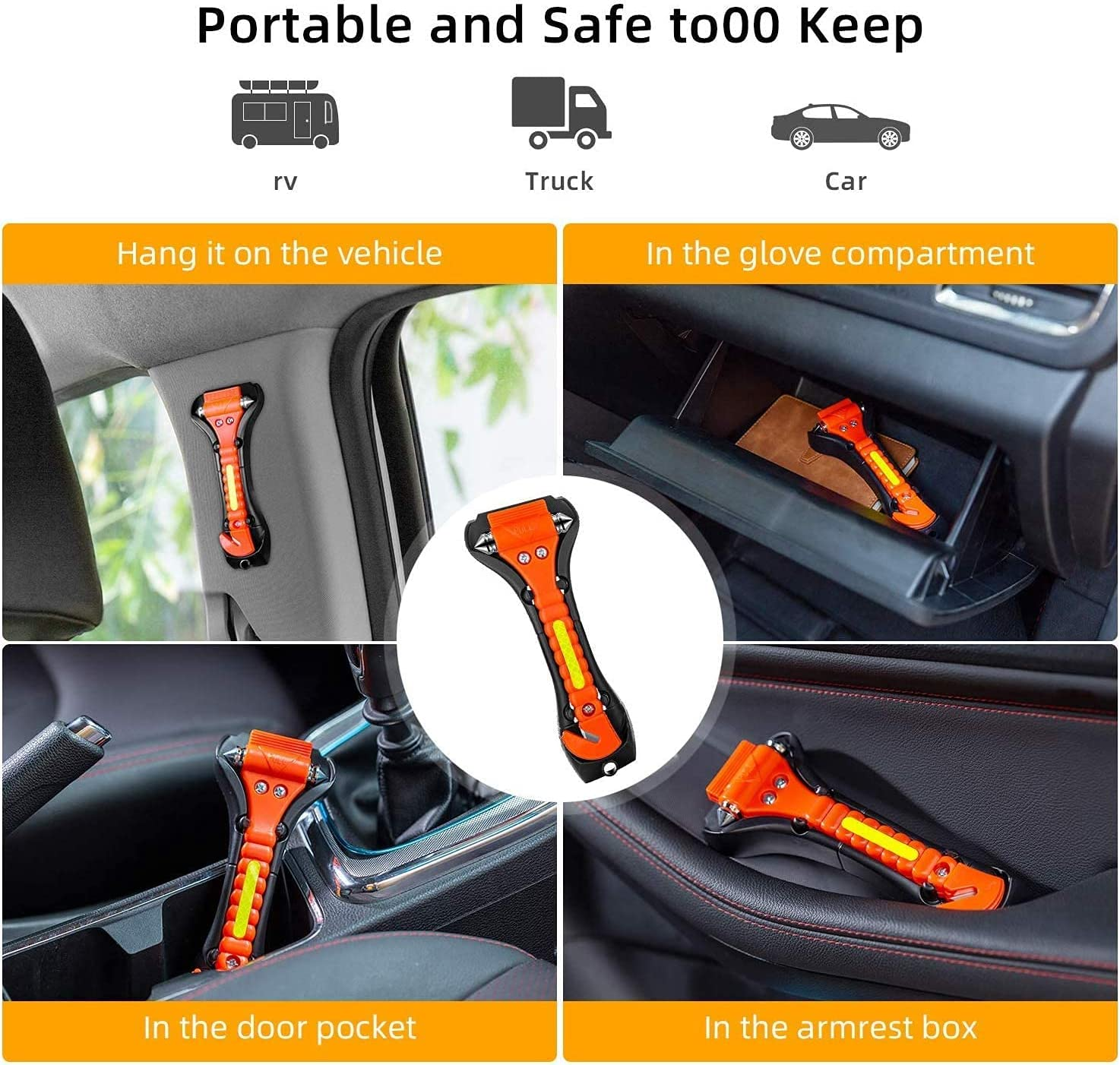 KAPASKI Safety Hammer, 2 Pack Car Emergency Escape Tool Car Window Breaker and Seat Belt Cutter with Light Reflective Tape for Family Car Life Saving Survival Kit image number 1