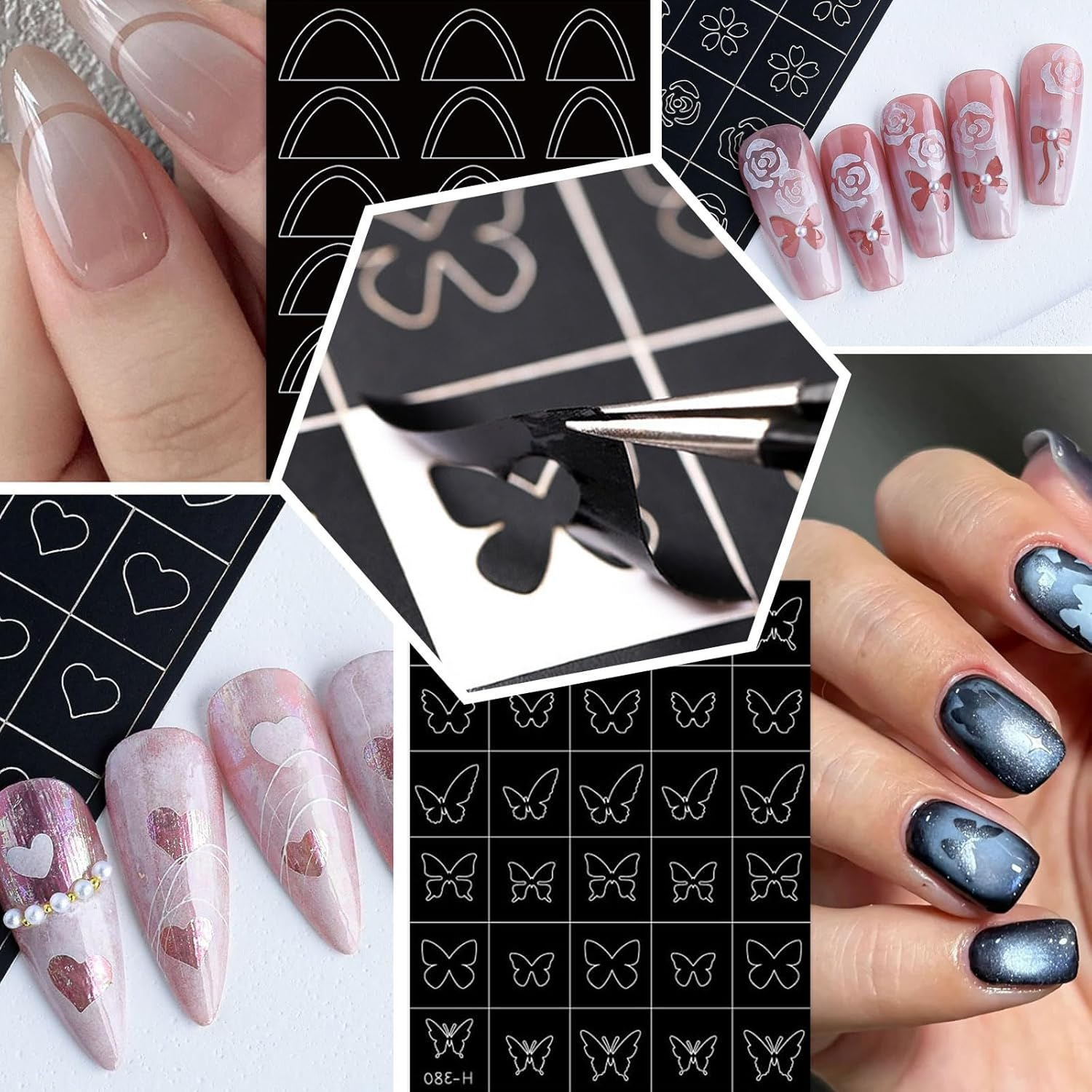 Wishesmar Pack of 100 White Nail Art Sponge for Gradient Nail Design to Create with Metal Gripper, 5 Sheets Nail Stencils Sticker Tweezers, Nail Brush Sponge Brush Applicator Accessories image number 4