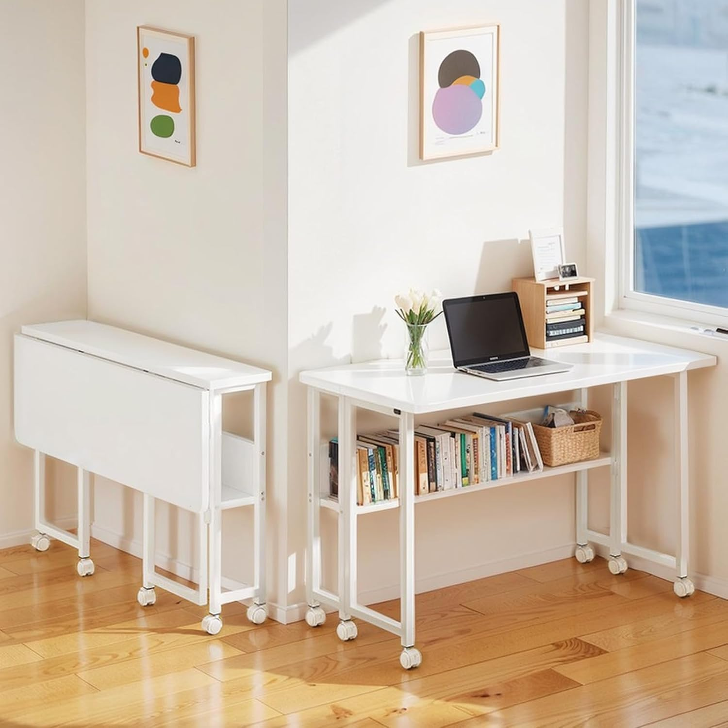 Eqiech Folding Table,Writing Computer Desk Small Foldable Desk Space Saving Computer Table with Bookshelf & Wheels Study Office Desk Foldable Table for Home Office ，Easy Assembly（White） image number 3