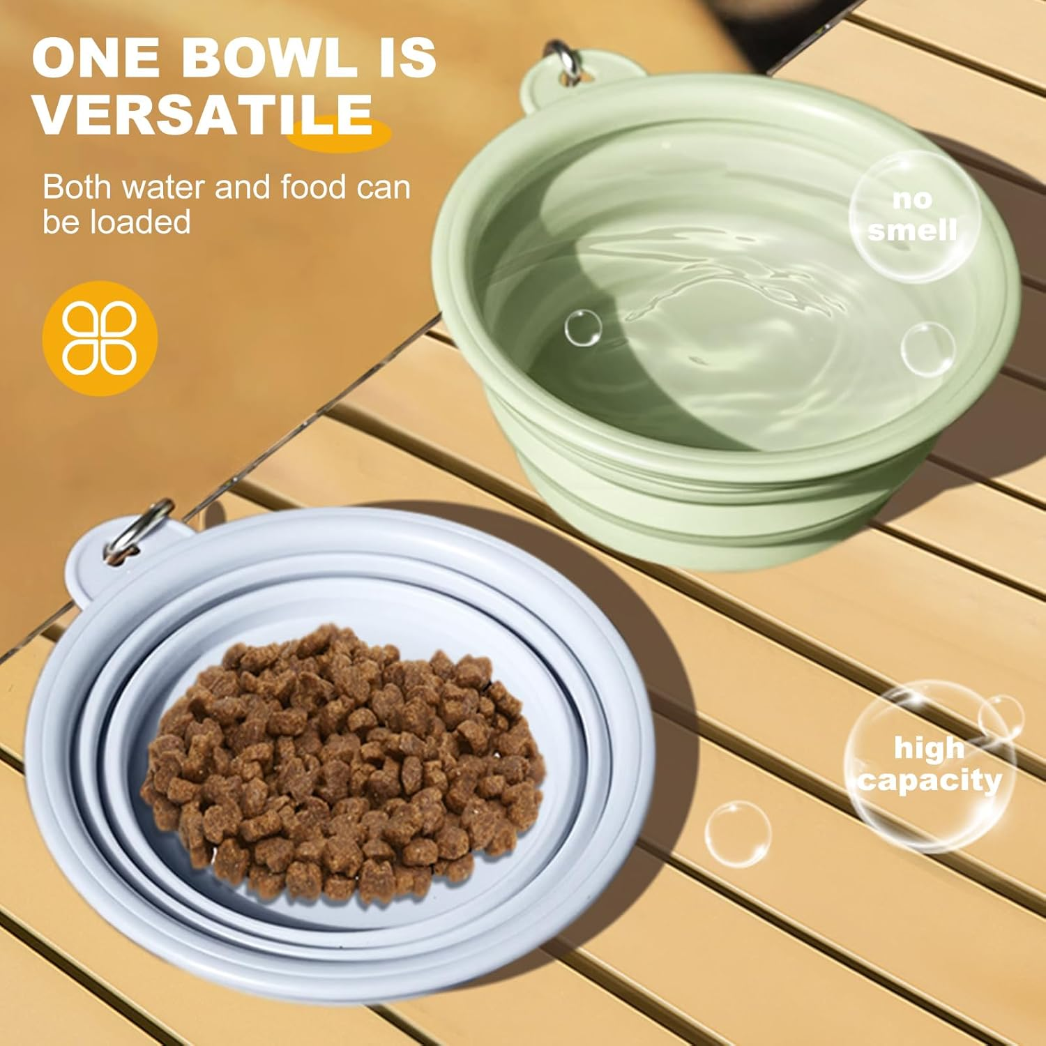 2 Pack 350Ml Collapsible Pet Bowl with Carabiner, Portable Silicone Travel Bowl with Cat Design, for Cat and Medium Dog, 5 Colours Available (Green)