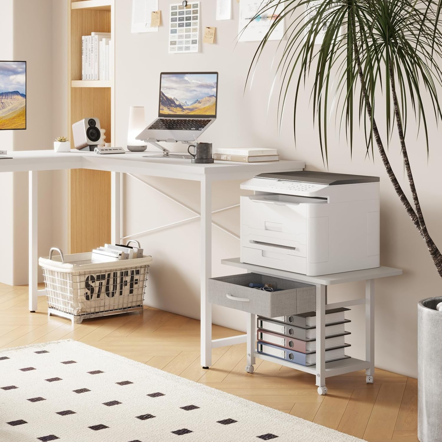 YAOHUOO 22"X15" Large Printer Stand with Storage Drawer, 2-Tier under Desk Printer Table for Home Office, Printer Cart Fit Fax Machine/3D Printer/Scanner(White) image number 6