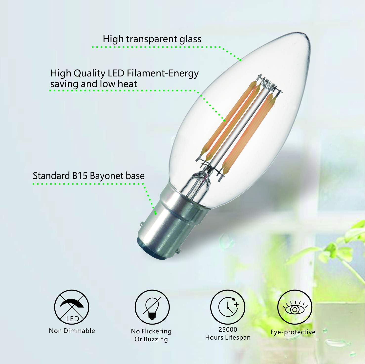 SD LUX B15 B15D Candle Bulb SBC Filament LED Candlelabra Light Bulbs Vintage Bulbs,C35 No Flicker Small Edison Bayonet- 4W (40W Equivalent) 450LM Warm White 2700K,6 Packs image number 3