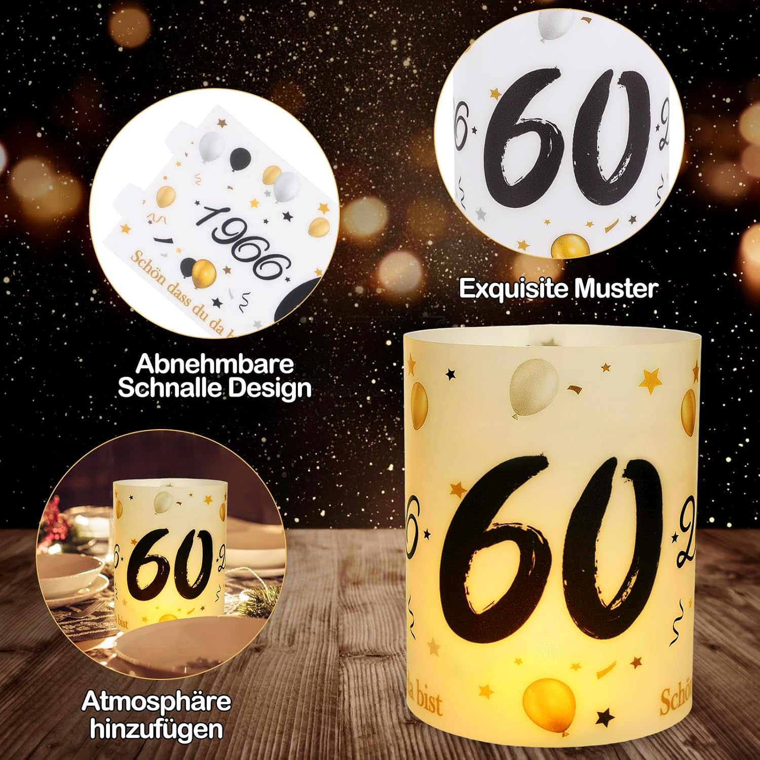 12 Lantern Table Decoration 60Th Birthday, Seutgjie 60Th Birthday Diamond Wedding Anniversary Decoration Man Woman 1966-2026 Black Gold for Tea Lights or Candles