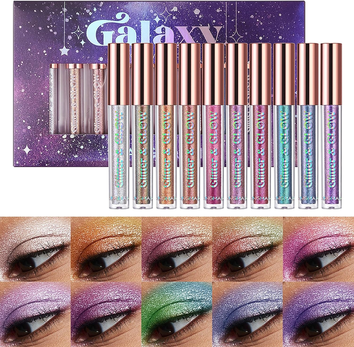 Roseflower 12 Pcs Liquid Glitter Eyeshadow Makeup Set, Metallic Shimmer Glitter Eyeshadow Sweatproof Makeup Set, Glitter All Highly Pigmented Blending Powder, Purple Green Series Liquid Eyeshadow image number 6