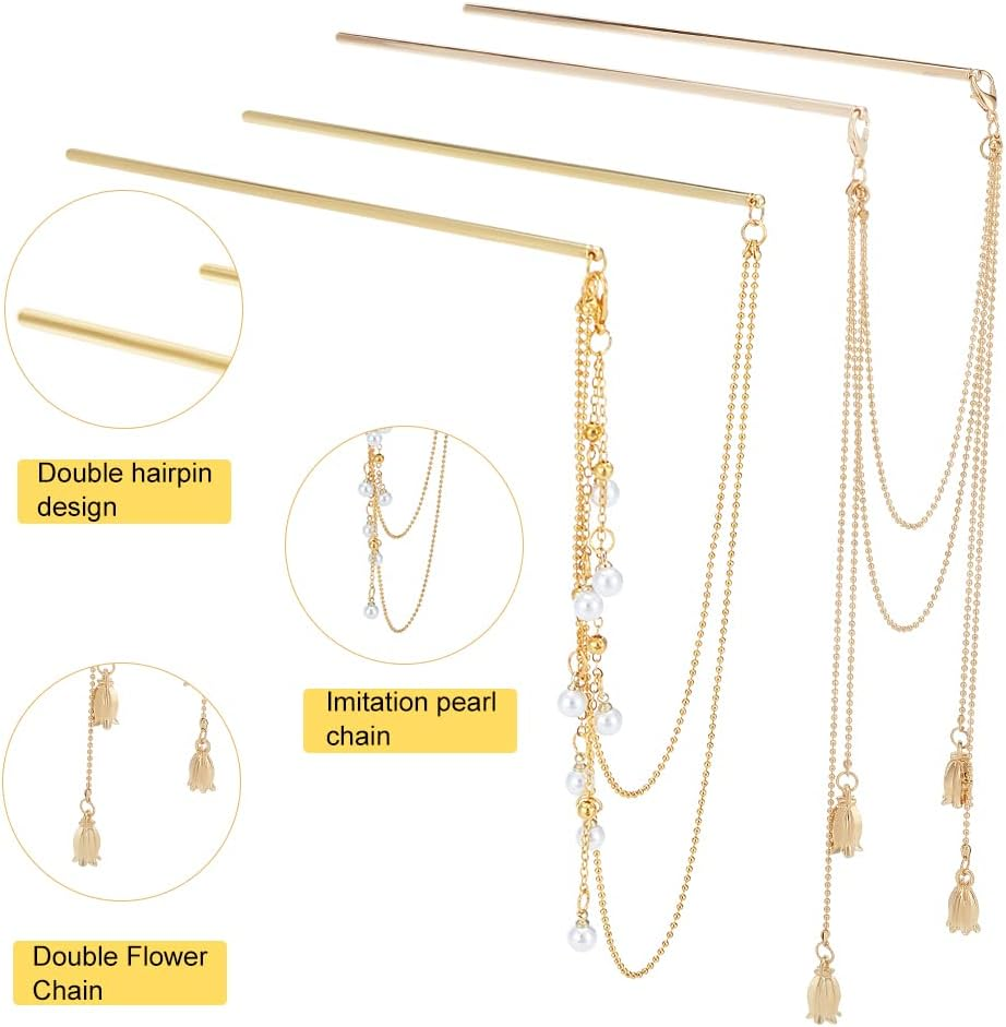 WEBBEDY 2-Style Chinese Double Chain Hair Chopsticks Vintage Tassel Hair Sticks Hanfu Chignon Hairpins Hair Accessories for Long Hair image number 3