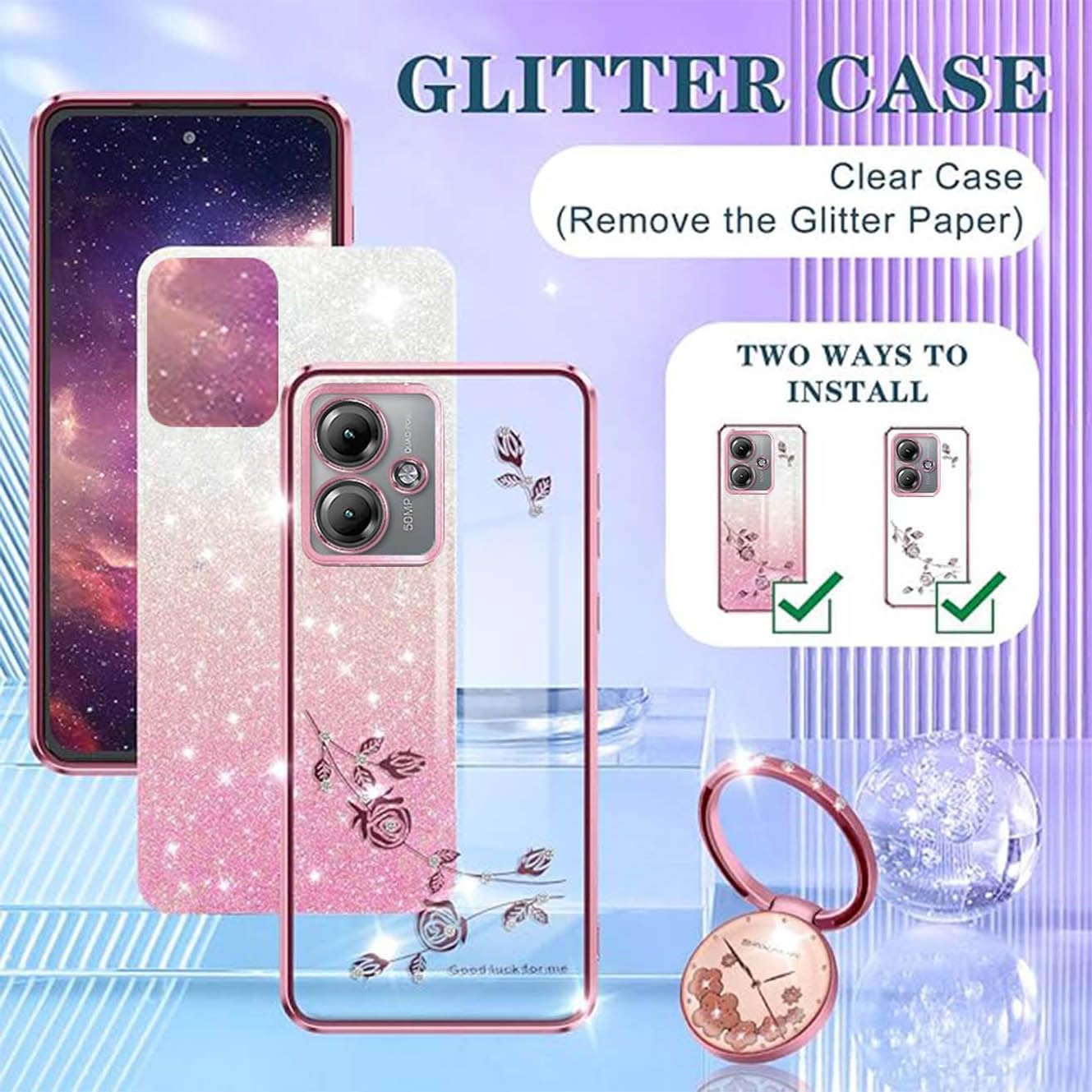 YUECXIN Case for Motorola Moto G55 5G with Shiny Flowers Ring Stand, Cute Bling Women Girls Mobile Phone Case, Ultra Thin Shockproof Soft TPU Silicone Protective Case, Pink image number 4