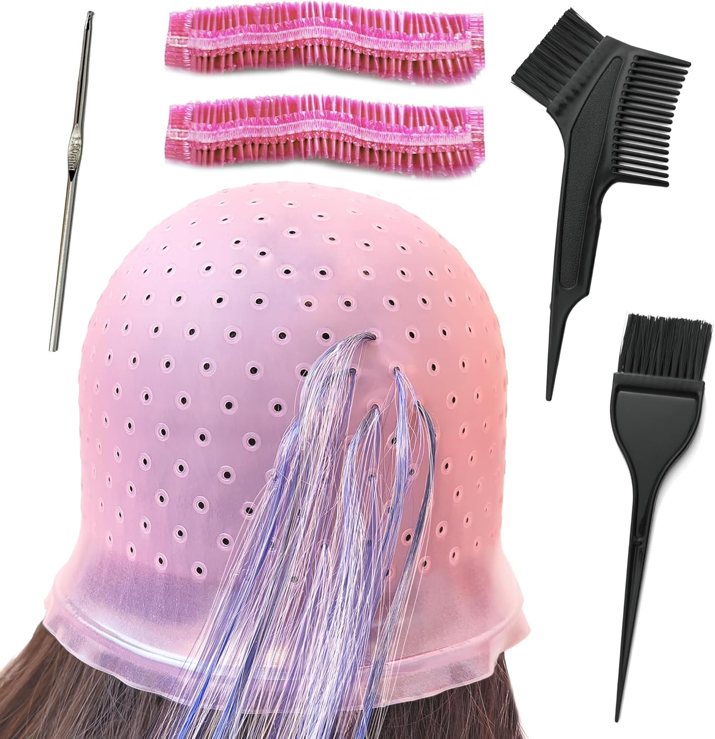 Pre Punched Holes Silicone Highlighting Cap Hair Color Kit Professional Reusable Highlighting Cap with Hook Brushes Set Salon Hairdressing Dyeing Staining Tools for Women Men image number 6