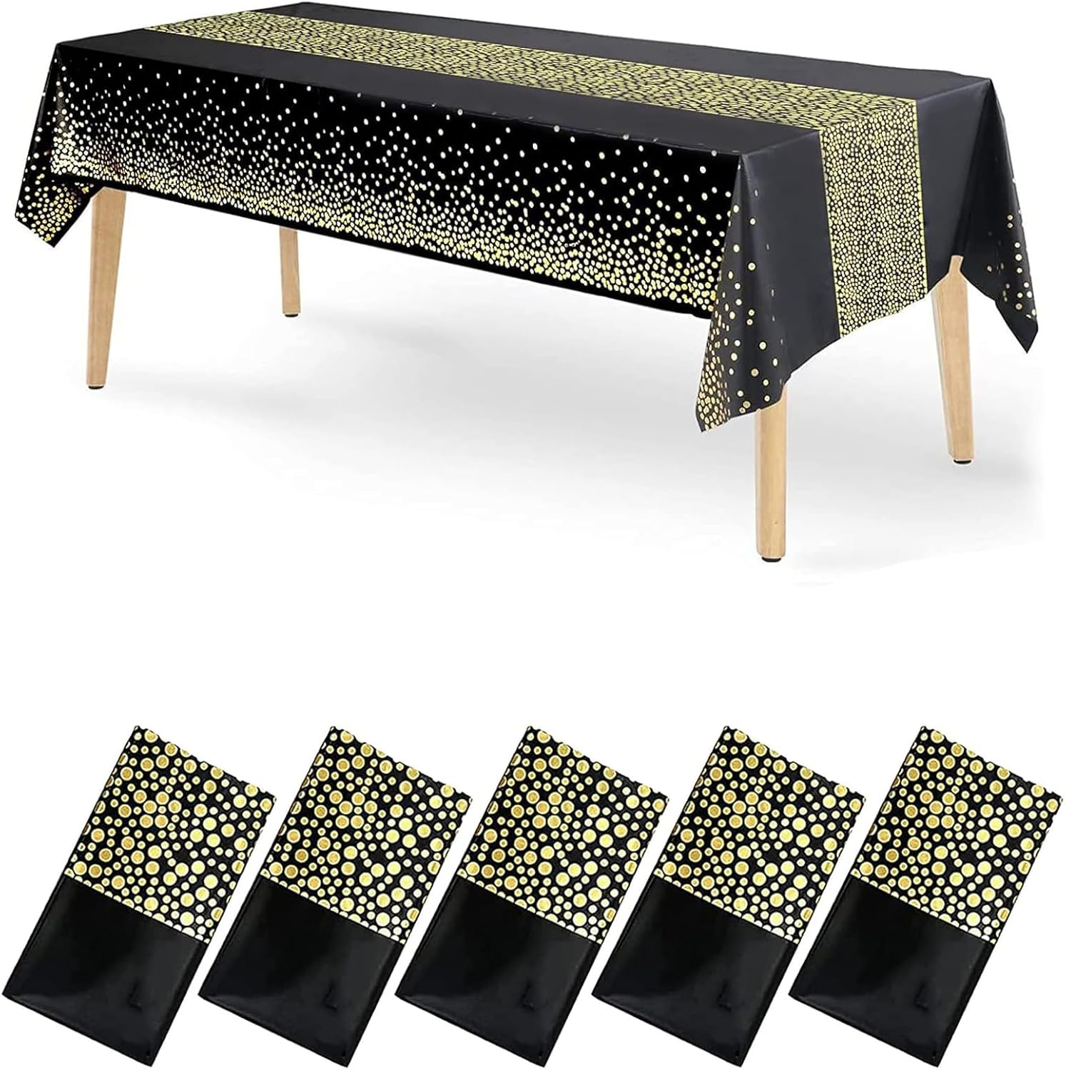 5 Pack Disposable Plastic Tablecloth,137X274Cm Gold Stamping Dot Rectangular Table Cloth,Suitable for Patio Barbecues, Weddings, Parties, Holidays, Cafeterias. (White and Gold)