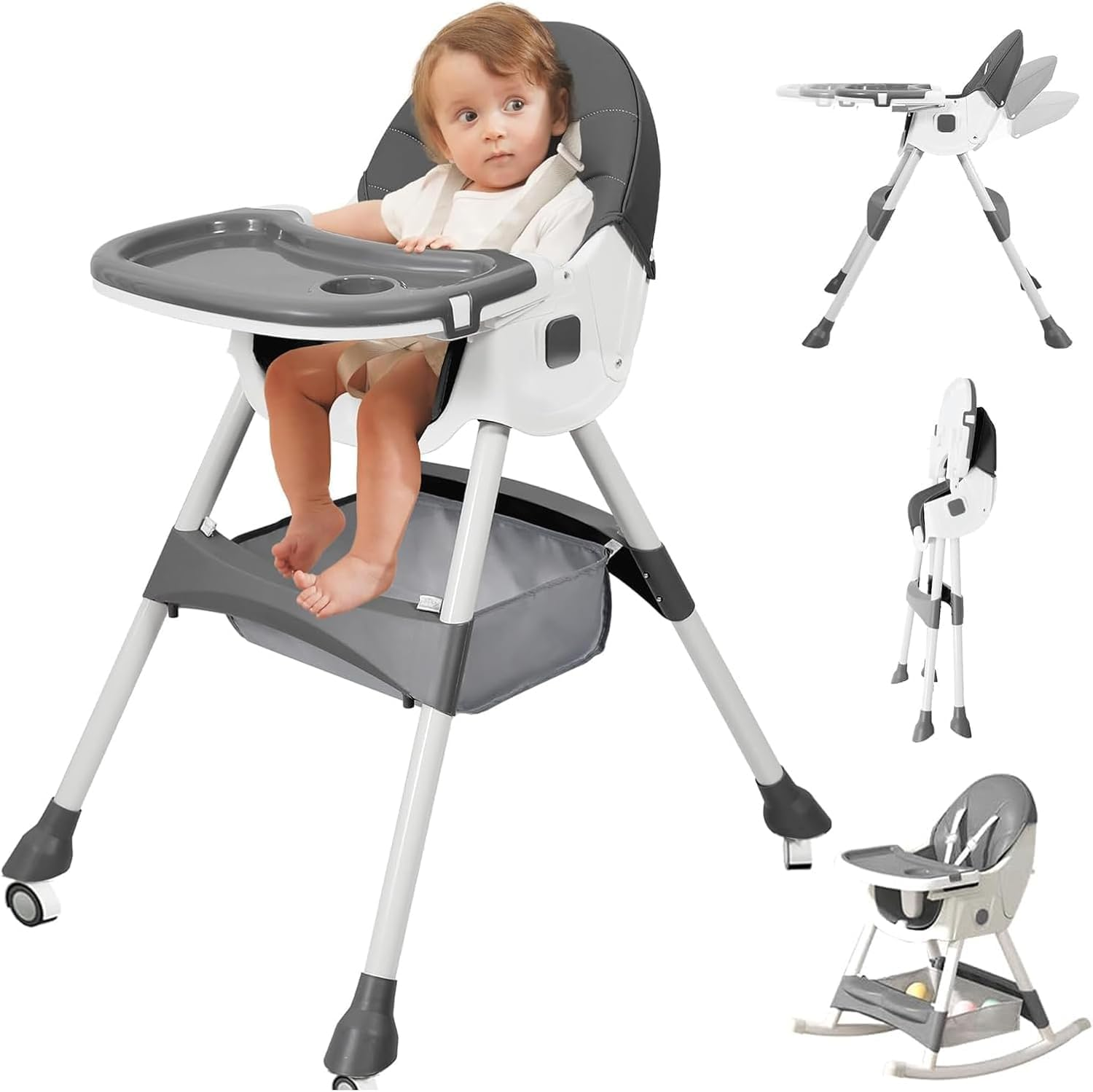 Portable Baby High Chair, 6 in 1 Convertible High Chairs for Babies & Toddlers with 5-Point Safety Harness, Foldable High Chair for Space-Saving, Adjustable Dining Tray, Backrest & Height