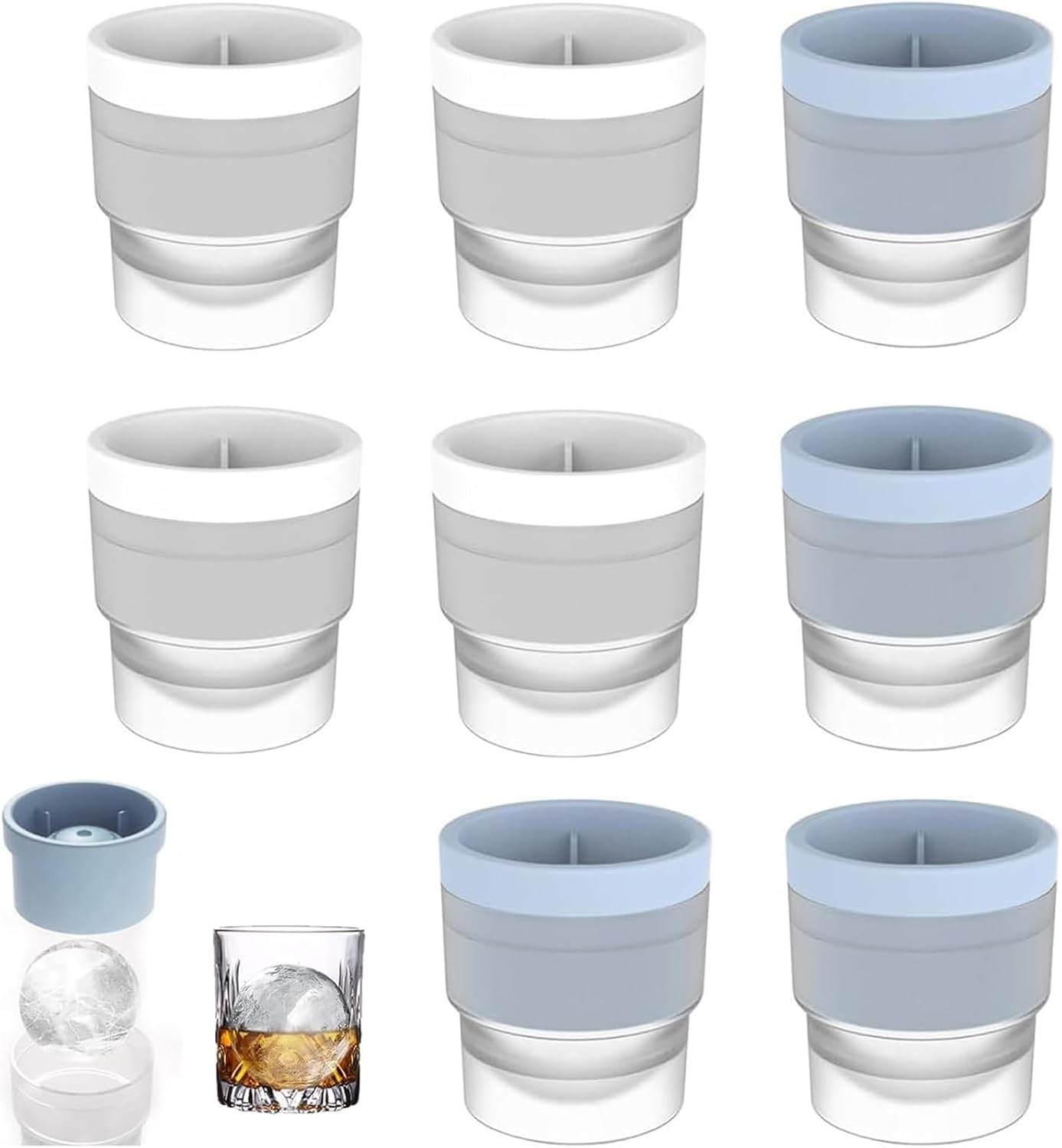 8 PCS round Ice Cube Mold, Ice Ball Mould (4 Blue + 4 White), Reusable Silicone Ice Cube Trays for Freezer, Large Ice Cubes for Whiskey, Cocktails, Coffee image number 1