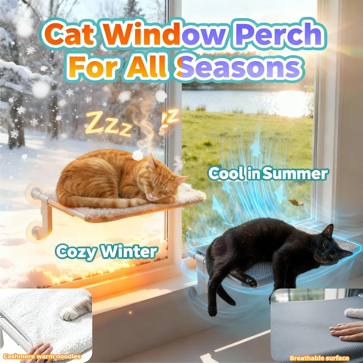 Cat Window Perch with 4 Suction Cups & Hooks, 2-In-1 Hammock Bed for Cats &ndash; Sliding Clamp Adjustment, Washable Dual-Sided Pad, No-Scratch Rustproof Tube, Holds 15KG (Fits Windowsill/Bedside) image number 3