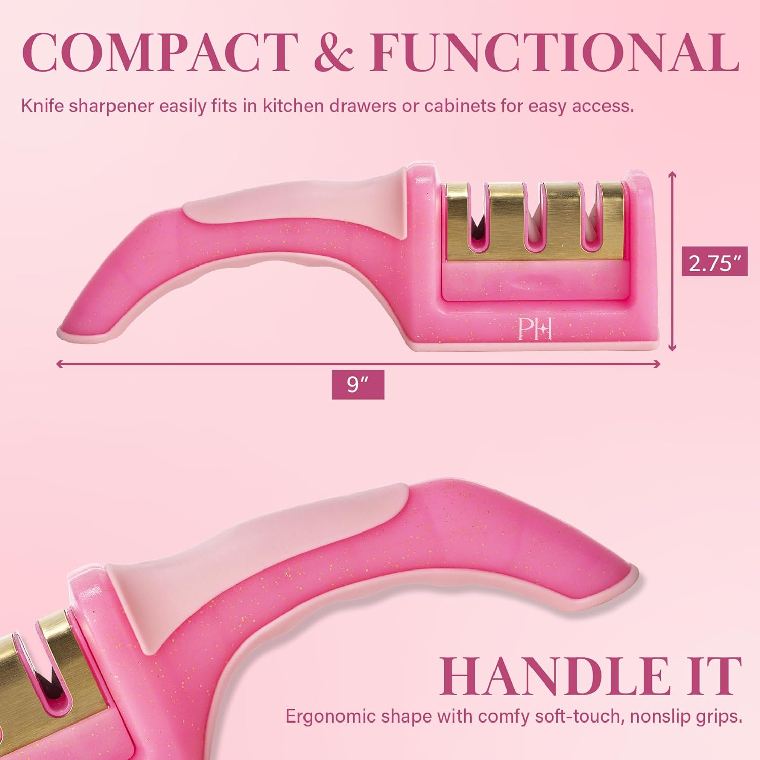 Paris Hilton 3-Stage Knife Sharpener, Professional Kitchen Knife Sharpener with Ergonomic Handle, Non-Slip Base, and Coarse, Medium, Fine Sharpening Stages, Pink image number 2