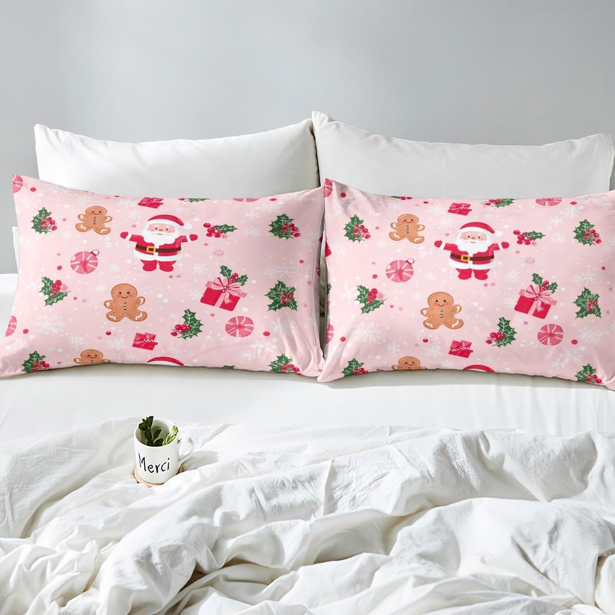 Kawaii Santa Claus Bed Linen Set for Children Girls Teens, Pink Christmas Duvet Cover 155 X 220, Cartoon Cute Gingerbread Man Comforter Cover, Christmas Candy Snowflake Bed Set Xmas Decor image number 3