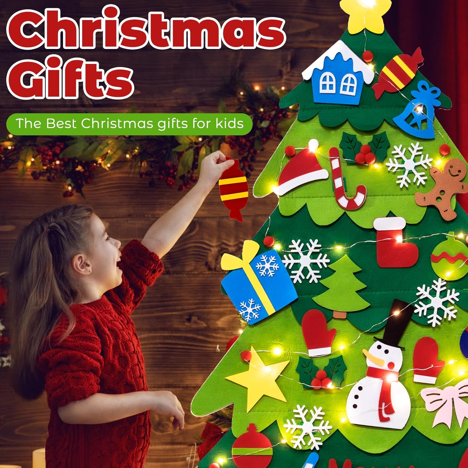 Felt Christmas Tree Set for Toddlers Kids with 3M/9.8Ft Led String Light, 3.2Ft/98Cm Wall Hanging DIY Christmas Tree with 32 Detachable Ornaments for Xmas Home Decoration
