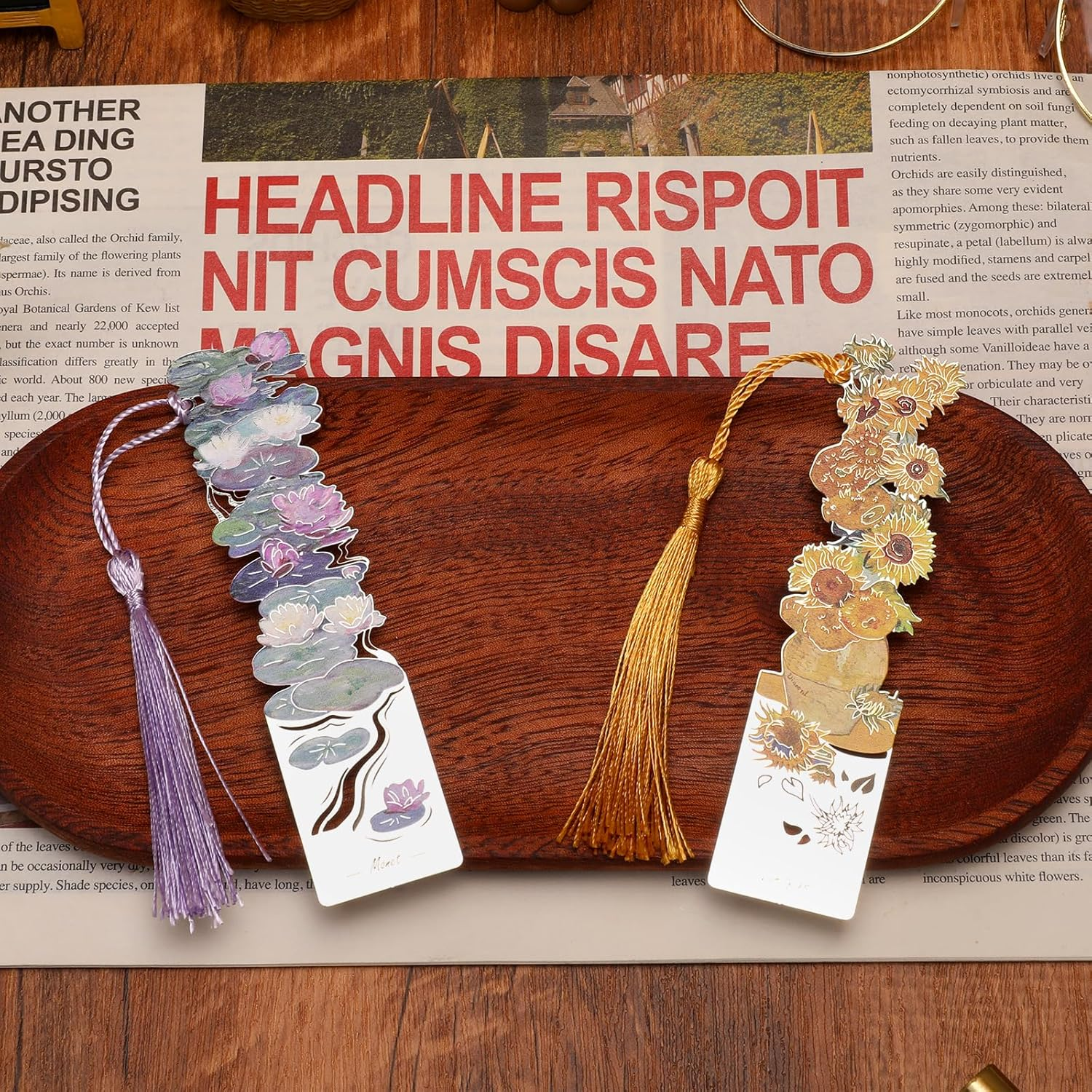 2 PCS Metal Bookmarks with Tassel for Reading Women, Pretty and Beautiful Water Lilies and Sunflowers Design (BKM-046-001) image number 2