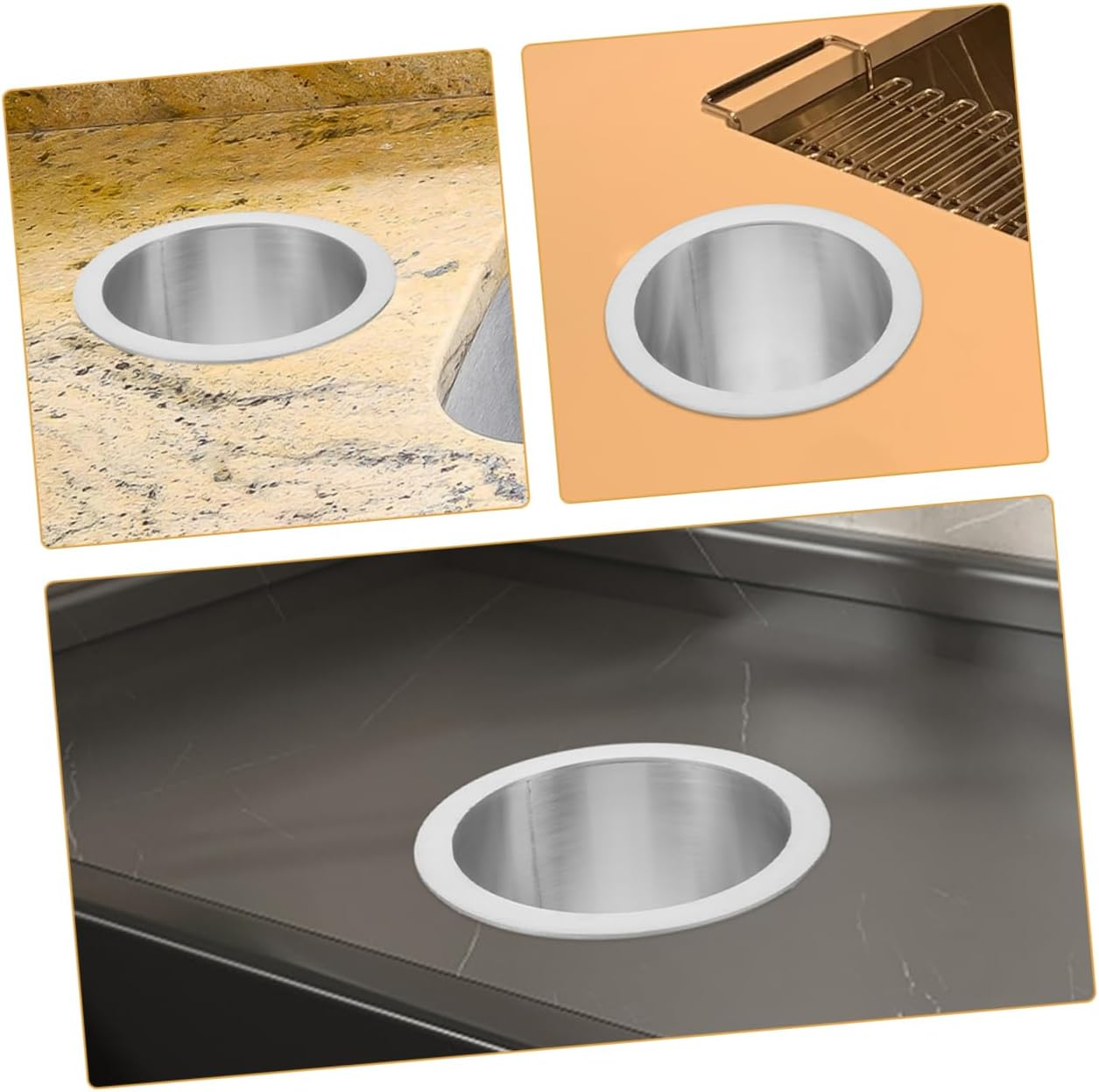 Luxshiny round Stainless Steel Drop-In Trash Chute Grommet 304 Metal Built-In Kitchen Counter Waste Bin Insert for Desktop