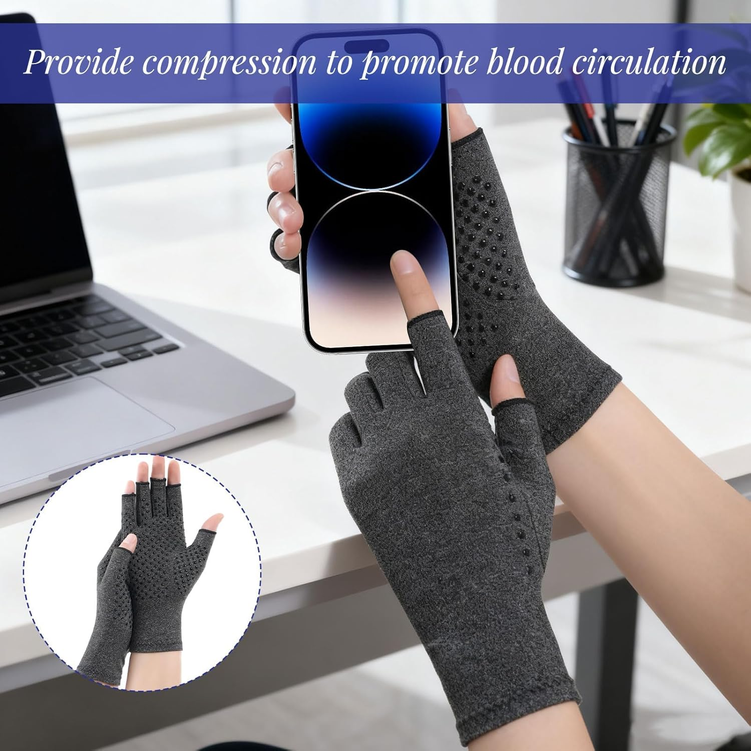 Compression Gloves, 2 Pairs Arthritis Gloves, Fingerless Gloves for Carpal Tunnel, Rheumatoid, Osteoarthritis, Compression Arthritis Gloves for Women Men Pain Relief, Driving, Gaming Gloves image number 5