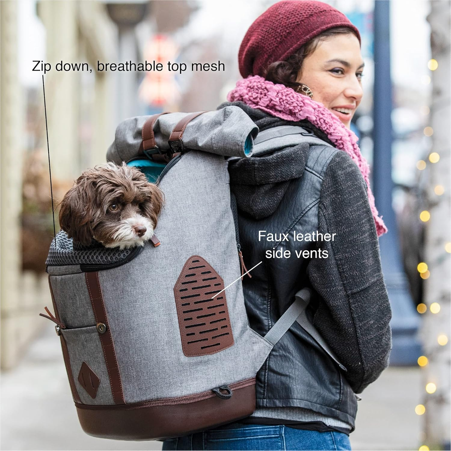 Kurgo Dog Carrier Backpack for Small Pets - Dogs & Cats | TSA Airline Approved | Cat | Hiking or Travel | Waterproof Bottom | G-Train | K9 Ruck Sack | Red | Grey (Heather Charcoal Grey) image number 2