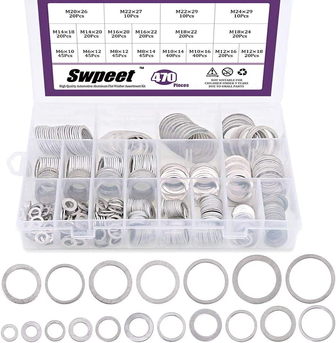 Swpeet 470Pcs Automotive Metric Oil Drain Plug Gasket Aluminum Flat Washer Assortment Kit, Including 18 Different Sizes - M6 M8 M10 M12 M14 M16 M18 M22 M24 image number 3