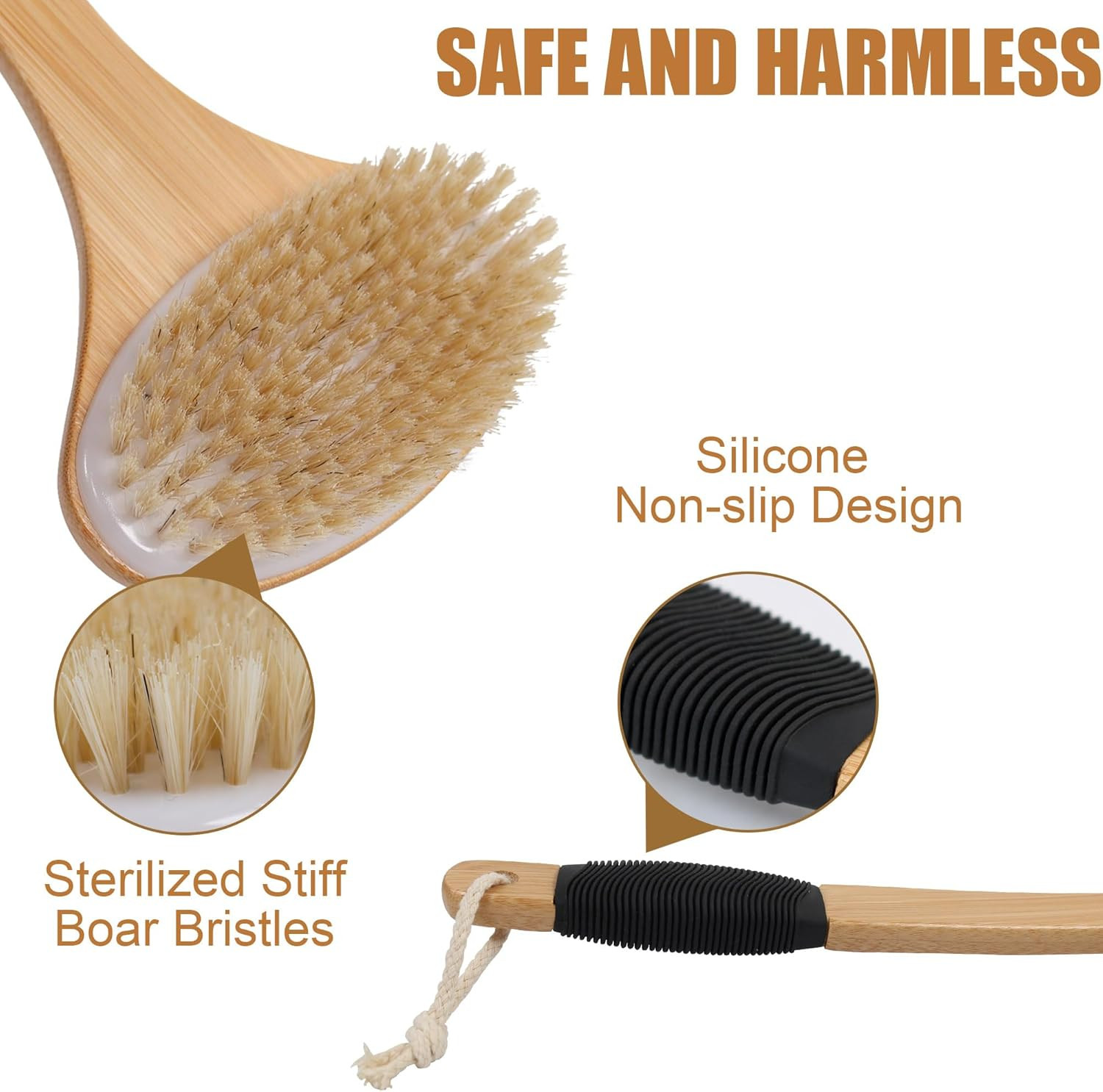OWIIZI Back Scrub Brush for Shower,Stiff Boar Bristles Bamboo Curved Long Handle Antiskid Body Bath Brush for Back Use Wet or Dry,Deep Cleanse Large Surface Back Scrubber image number 3