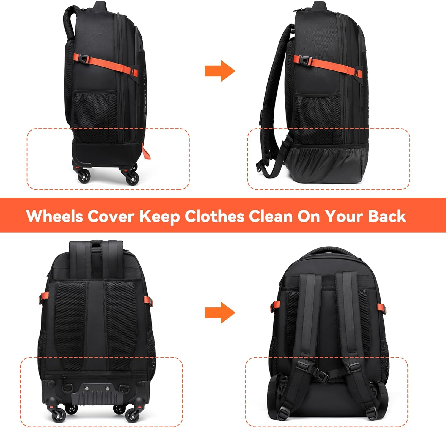 RUCYEN Rolling Backpack, Rolling Wheeled Backpack for Men Women, Black, 22 Inch, Travel image number 2