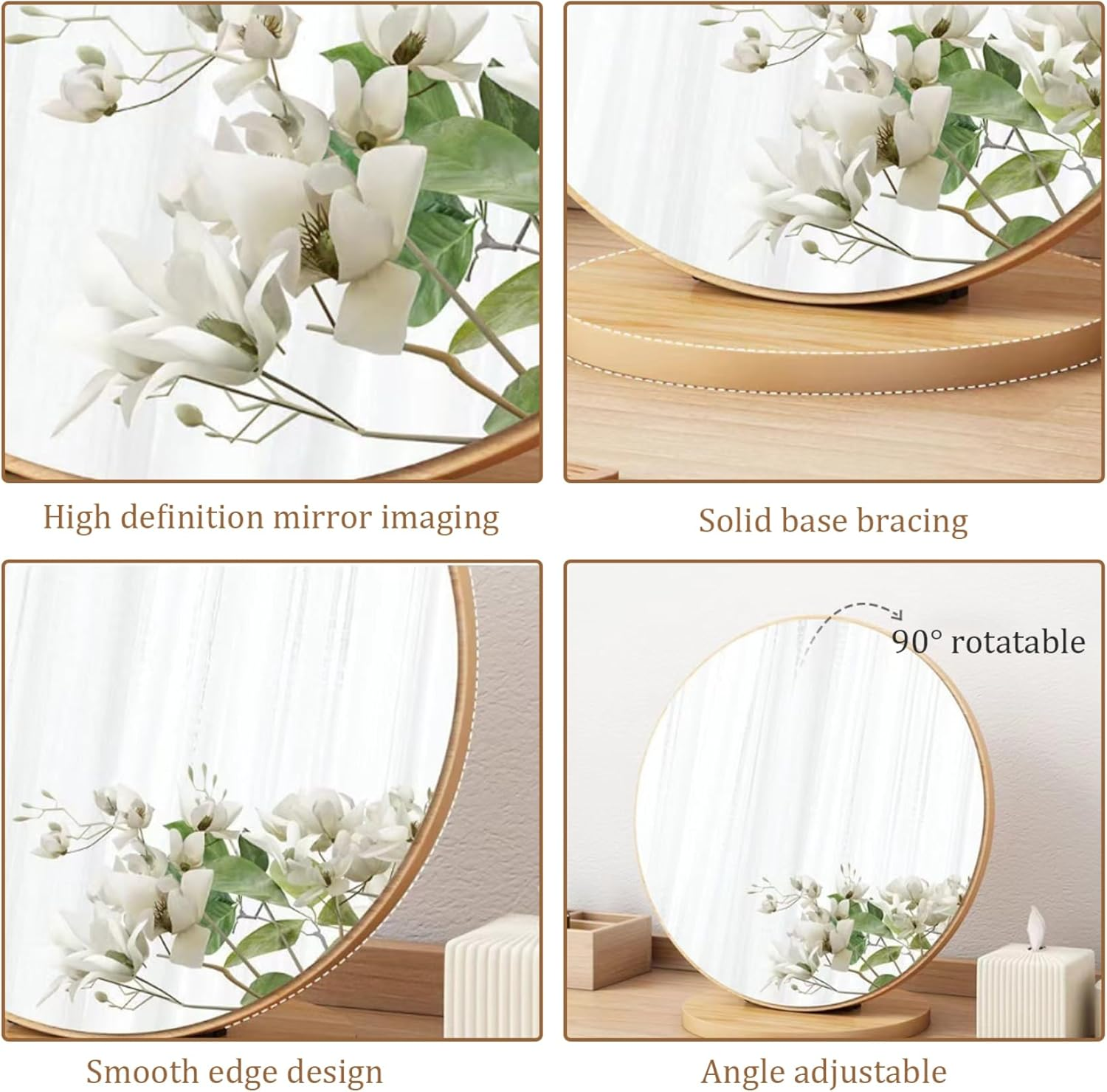 Round Makeup Mirror with Wooden Base 11.8" Makeup Mirror 90&deg; Rotating Tabletop Mirror for Home Dorm & Bedroom Dressing Table image number 5