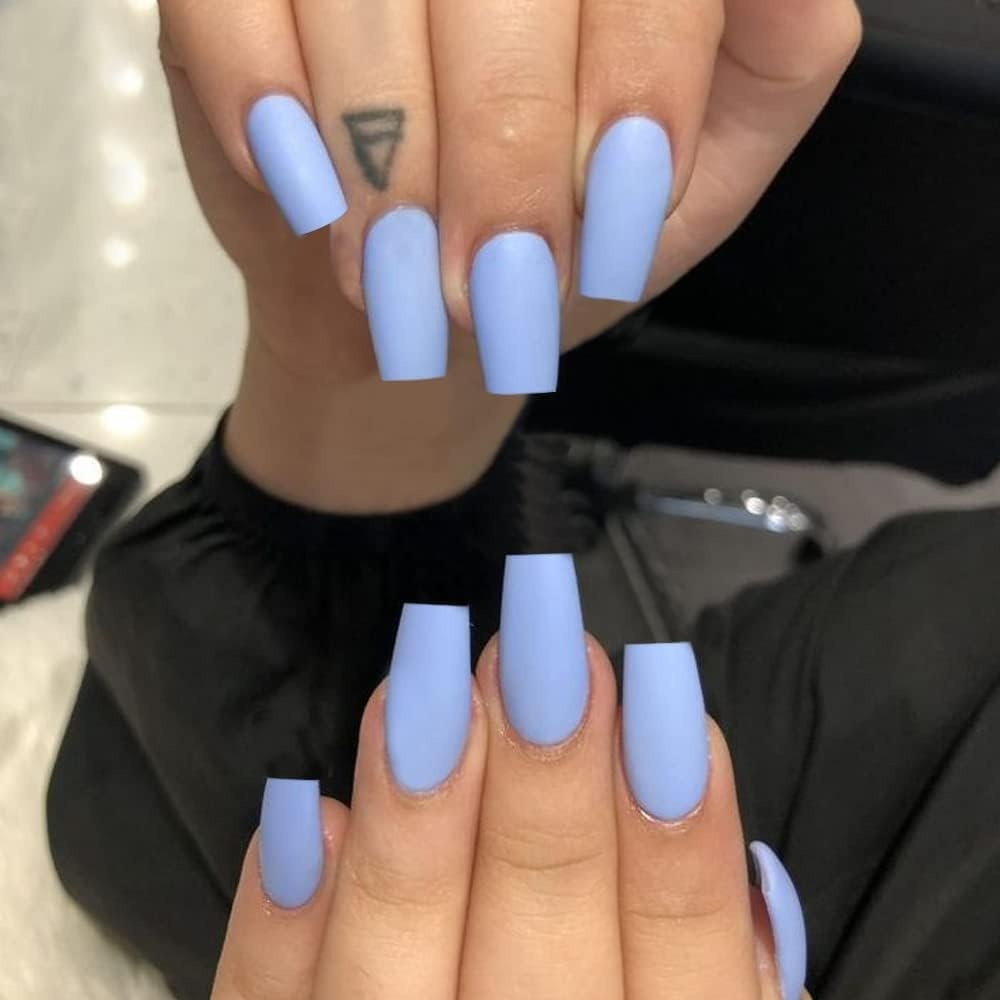 Matte Baby Blue Press on Nails Medium Short Square, Xcreando Salon like Coffin Fake Nails with Plain Colour, No Transparent Stick on Nails for Women, Natural Press-On Pack of 24 image number 3