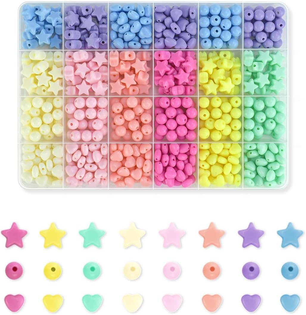 FJGSXOME 720Pcs Candy Color Acrylic Heart Beads Star and round Beads, Colorful Assorted Plastic Pastel Circle Shape Cute Loose Beads Bulk for Bracelets Jewelry Making DIY Crafts Necklace image number 3