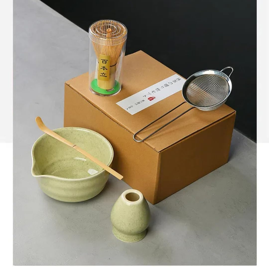 6Pcs Matcha Kit Set,Matcha Set Includes Bowl with Spout and Bamboo Matcha Whisk, Bamboo,Matcha Scoop, Spoon and Stainless Sifter, Japanese Tea Making Tools, Bottle Green Matcha Kit (Pink) - Viridis image number 3