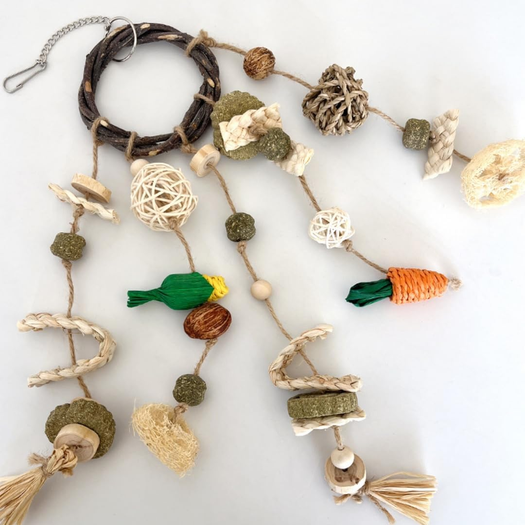 Bunny Chew Toy, Natural Applewood Bunny Boredom Breaker Treats Rattan Ring Chew Toys, Cage Hanging Toys with Snacks Grass Ball Carrot for Rabbits, Hamsters, Guinea Pig ﻿ image number 3