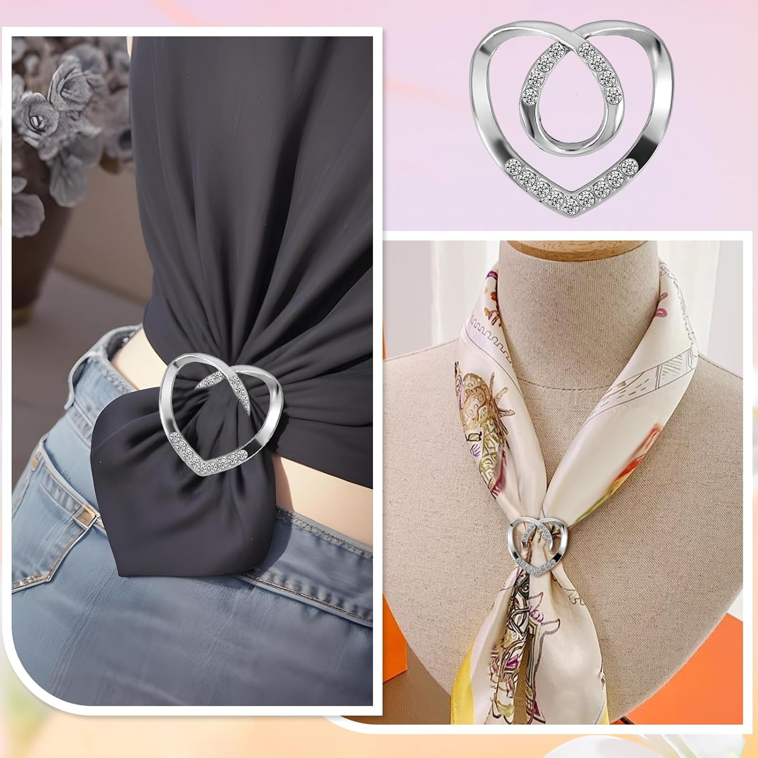 6PCS Silk Scarf Ring Silver Zinc Alloy T-Shirt Tie Clips, Elegant Scarves Waist Cinchers Clasps Rhinestone Clothing Wrap Holder, round Shirt Clips Tightener for Women Loose Tshirt Clothes Scarf image number 2