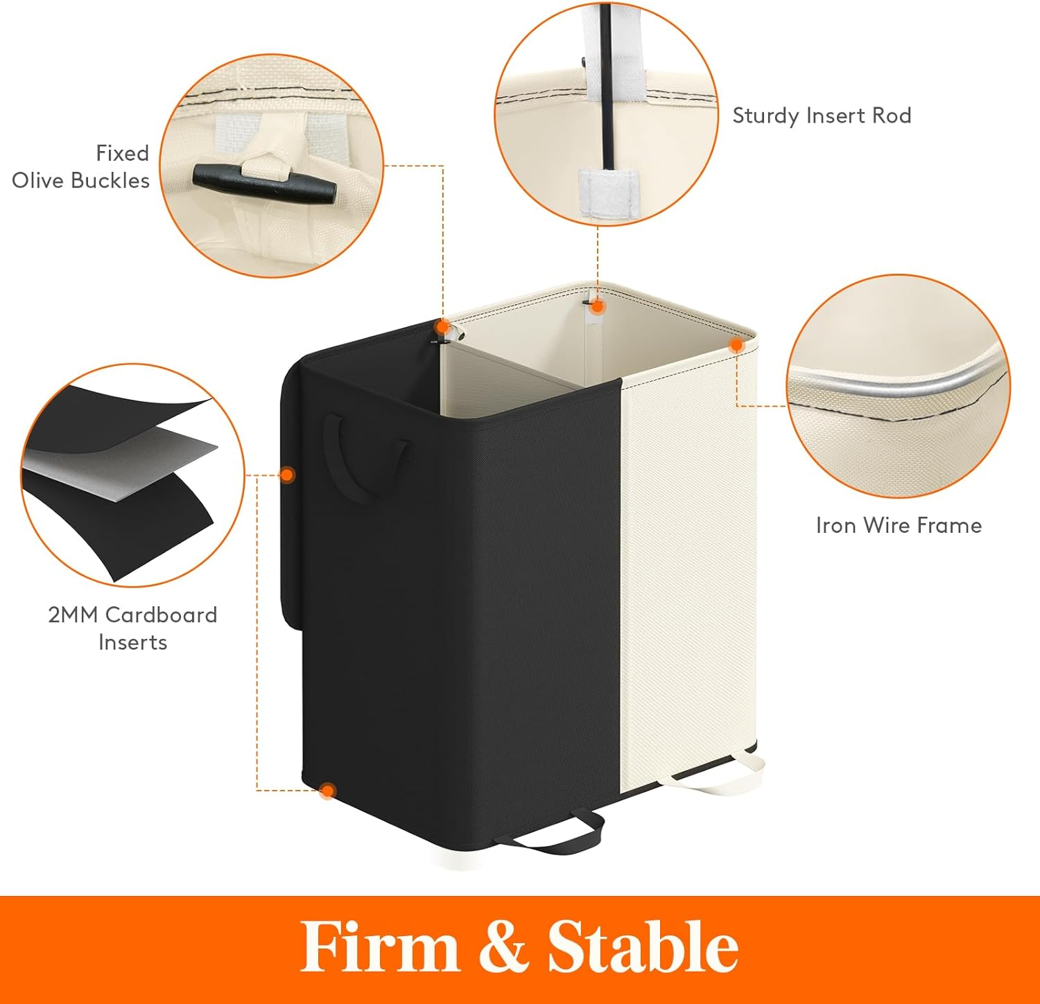 Lifewit Double Laundry Hamper with Lid and Removable Laundry Bags, Large Collapsible 2 Dividers Dirty Clothes Basket with Handles for Bedroom, Laundry Room, Closet, Bathroom, College, Black & White image number 5