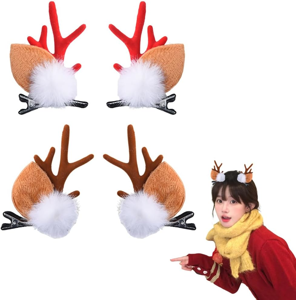 Christmas Deer Antler Hair Clips Xmas Christmas Hair Accessories for Girls Women Christmas Deer Ears Hair Clips Pins 4Pcs Reindeer Hair Barrettes Clips for Women Thick Hair Deer Antlers Costume image number 5