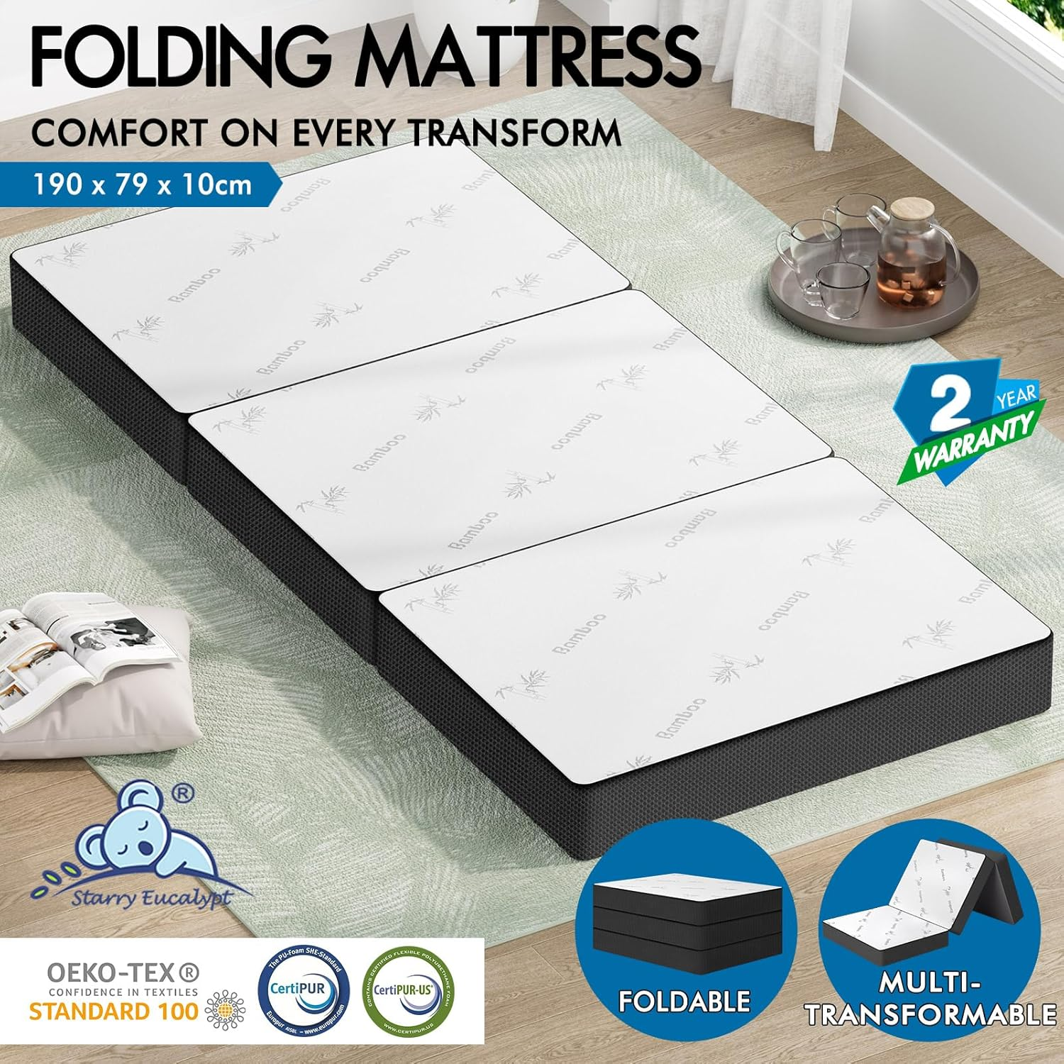 STARRY EUCALYPT Folding Mattress Tri-Fold Sofa Lounge Mat Pad 190 X 79 X 10Cm, 3-Fold Portable Foldable Mattress Floor Bed for Home Office Camping and Travel, Mesh Cover, Black