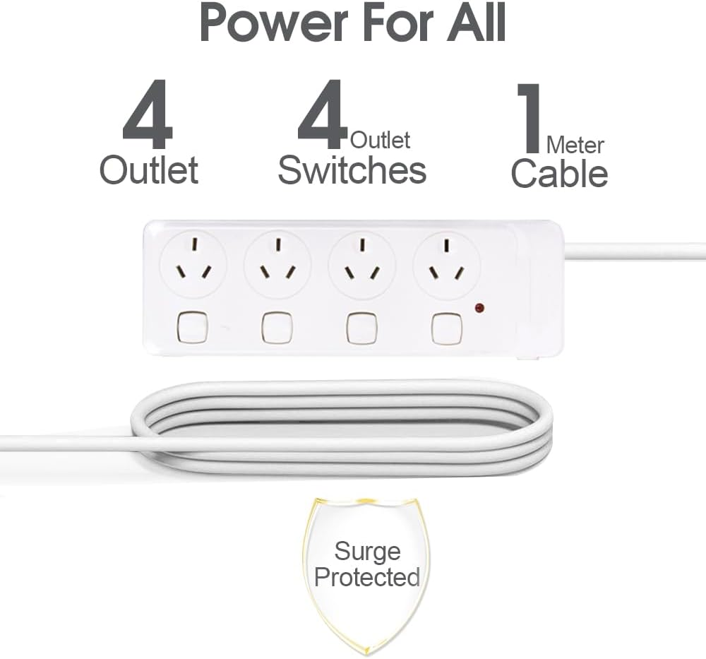 Surge Protectors with 4 Outlet，Power Board with Individual Switches, Power Strip with Protected Indicator Light SAA Certified 1 Meter 240V