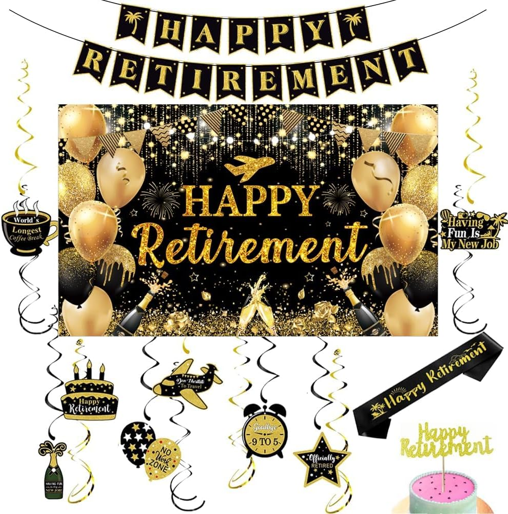 Black Gold Happy Retirement Banner Backdrop Kit with Sash,Funny Card Hanging Swirls Streamers,Cake Topper-1.5M X 0.9M Retirement Decorations Photography Party Supplies for Men Women image number 3