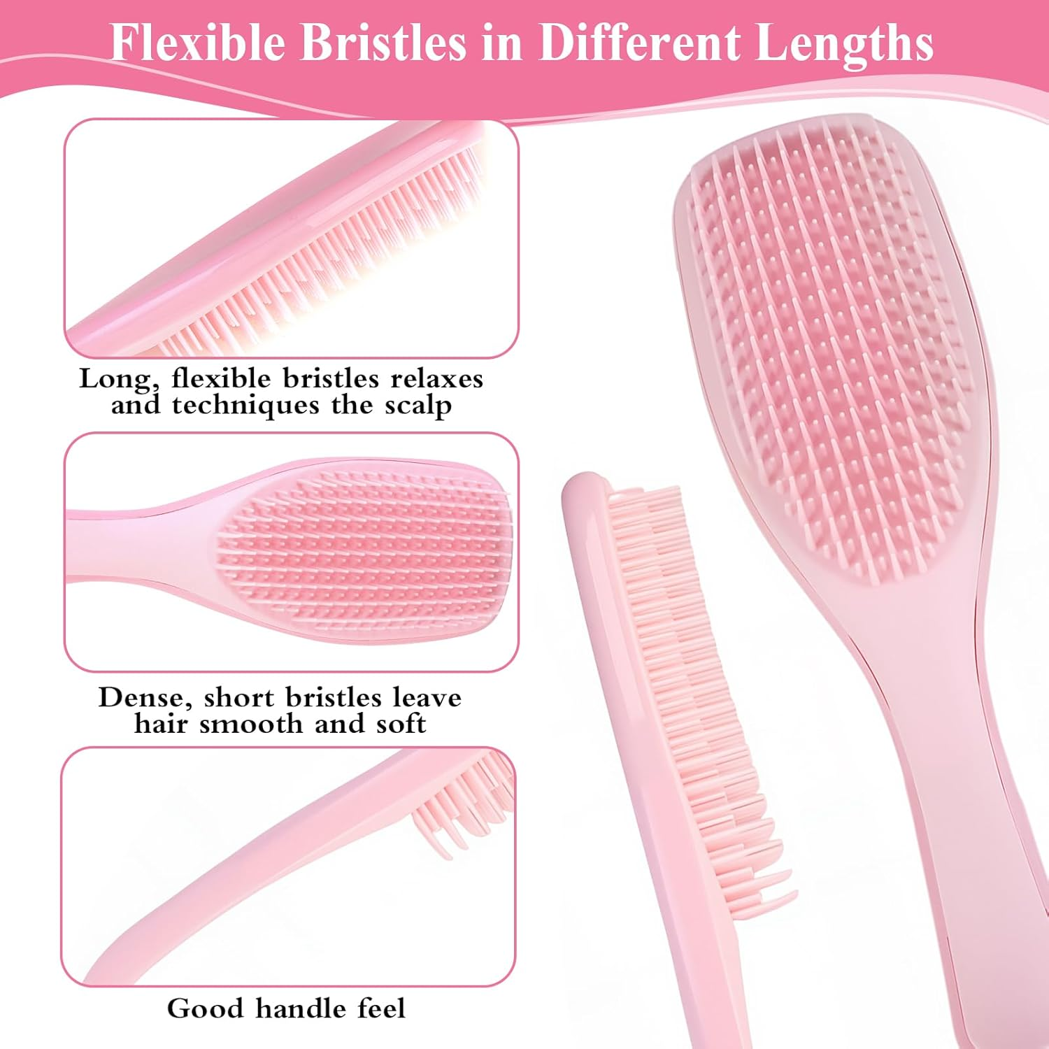 Hair Brush Wet Detangler Hairbrush Curly Hair Brush Defining, Volume Brush for Curly Hair, Detangling Hair Brush Gentle on Wet Hair Two-Tiered Teeth Comfortable Handle Hair Brush for Girl Women(Pink) image number 2