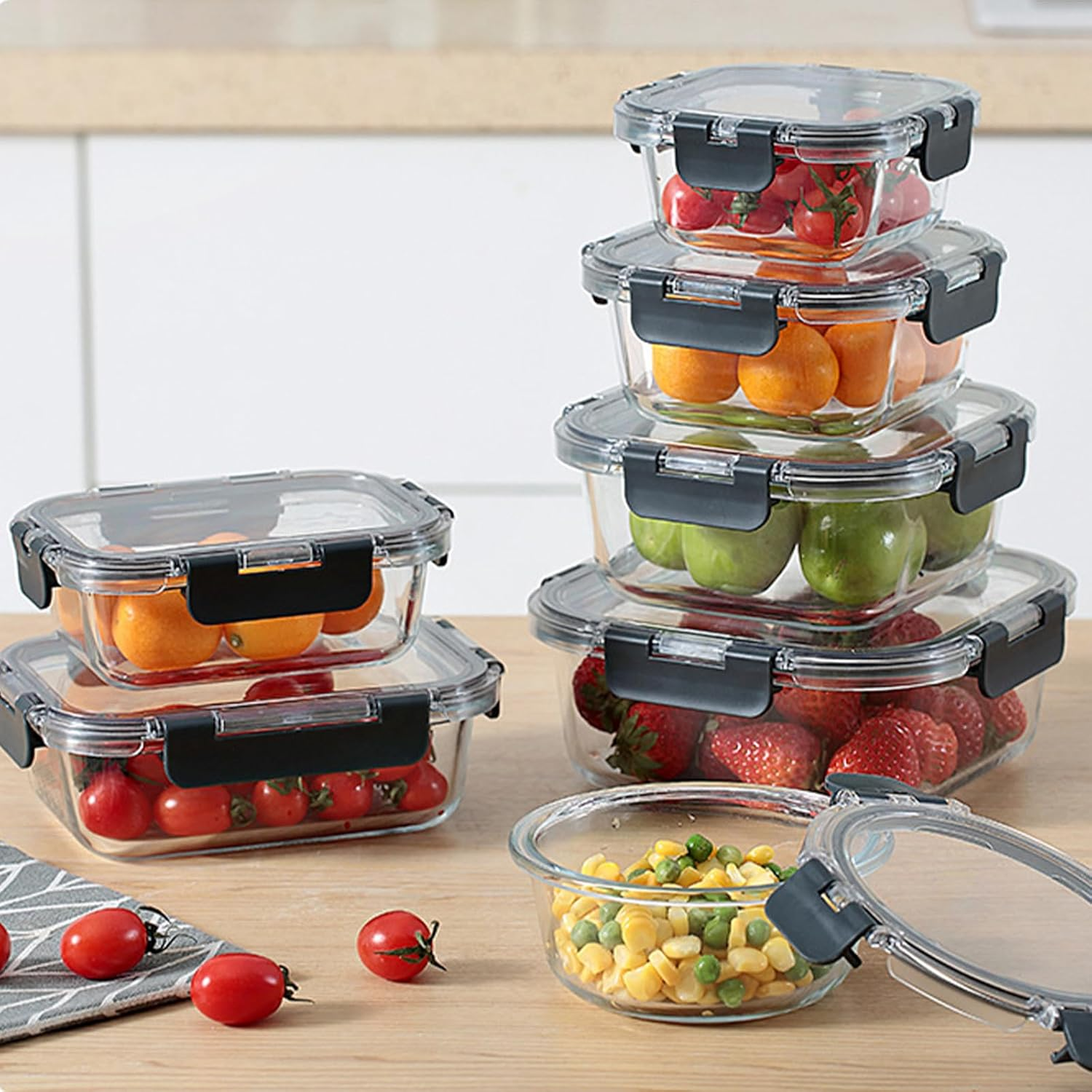 Stusgo 15 Pack Glass Food Storage Containers with Lids, Airtight Leak Glass Meal Prep Glass Containers, 3 Size Lunch Glass Containers, BPA Free，Reusable for Kitchen Organization (15 Pcs Black)