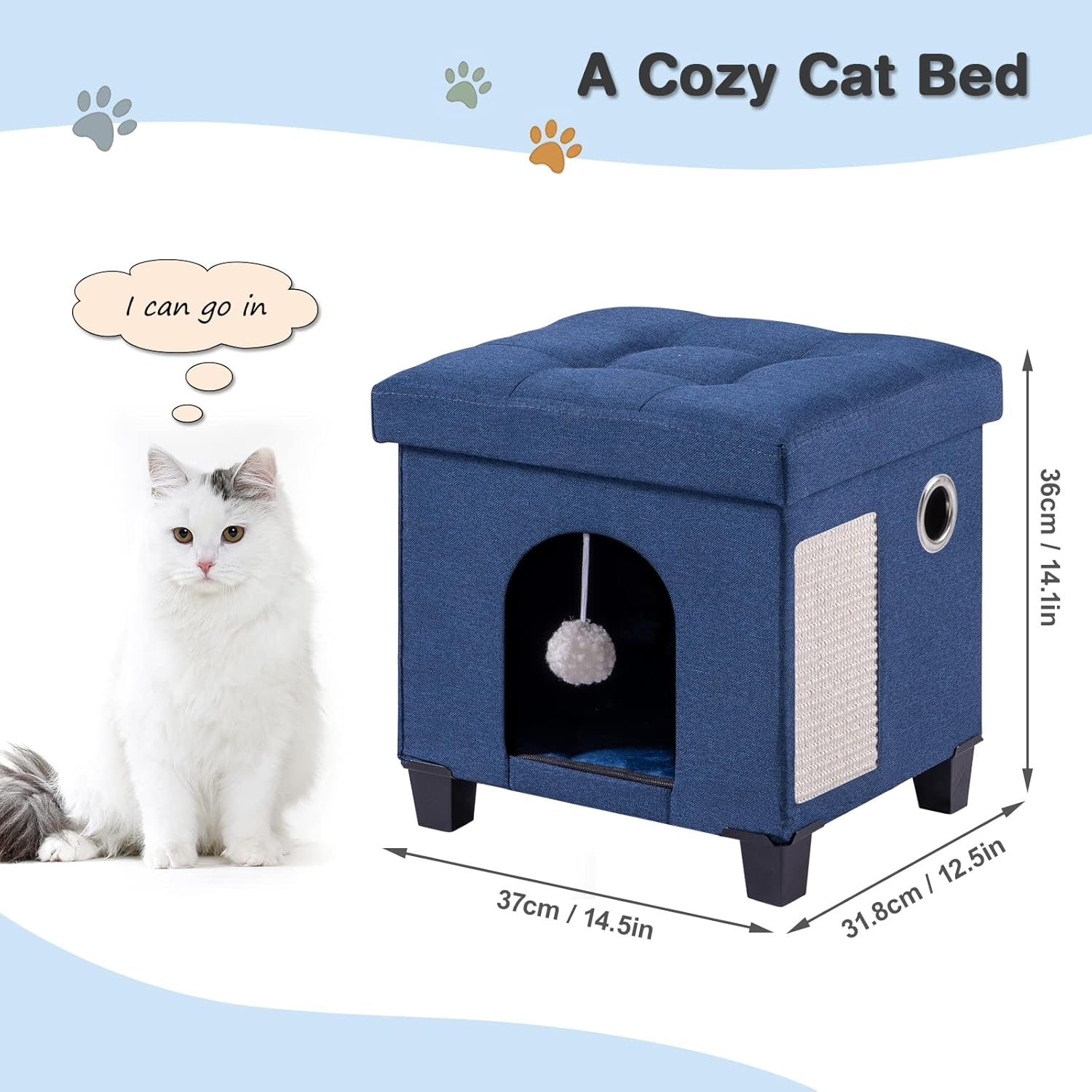 BRIAN & DANY Collapsible Cat Cave for Indoor Cats, Multifunctional Cube Cat House with Cat Scratch Board & Ball, 37X 31.8 X 36 Cm, Blue