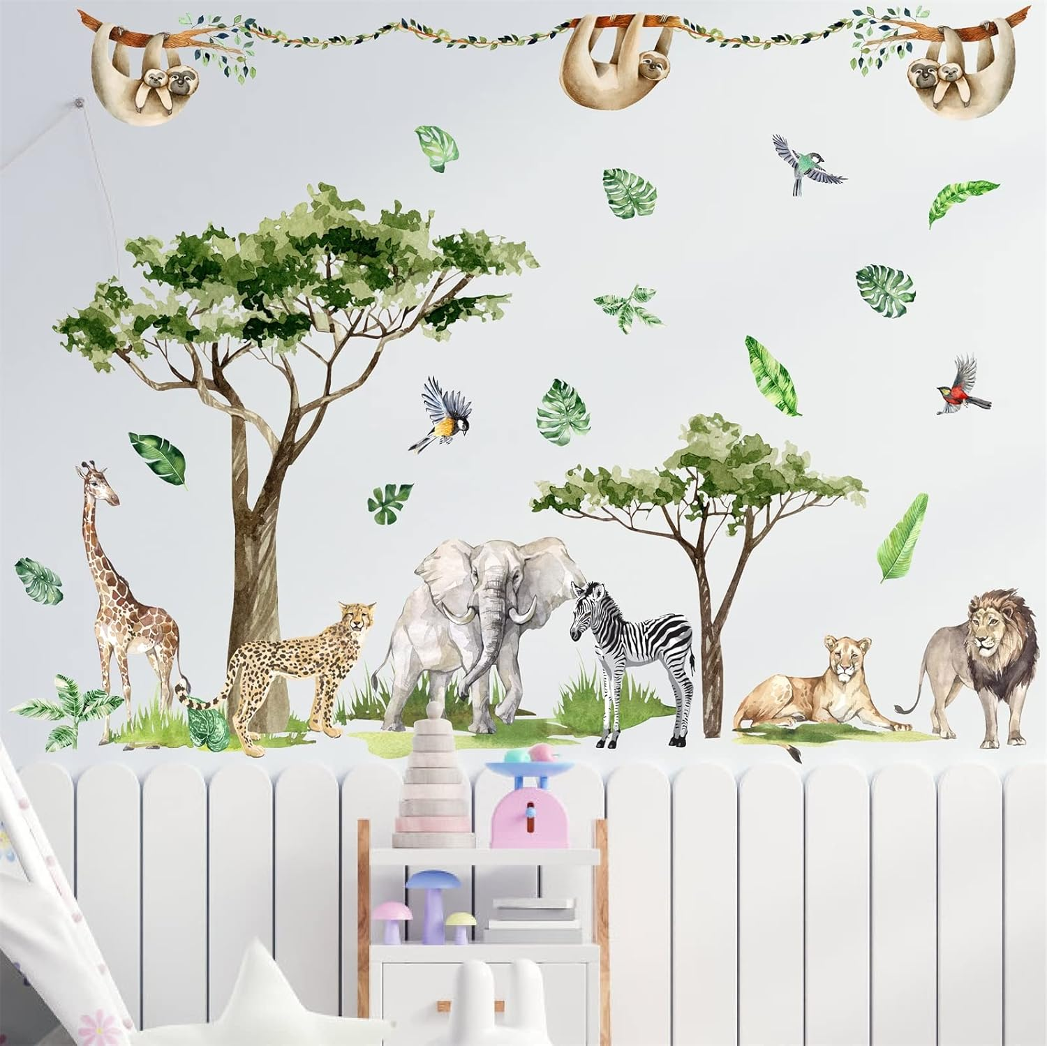 Jungle Animal Wall Decals - Safari and Wild Animal Wall Stickers for Nursery, Living Room, Bedroom - Large Zoo Animal Decor with Jungle Tree Forest Theme image number 1