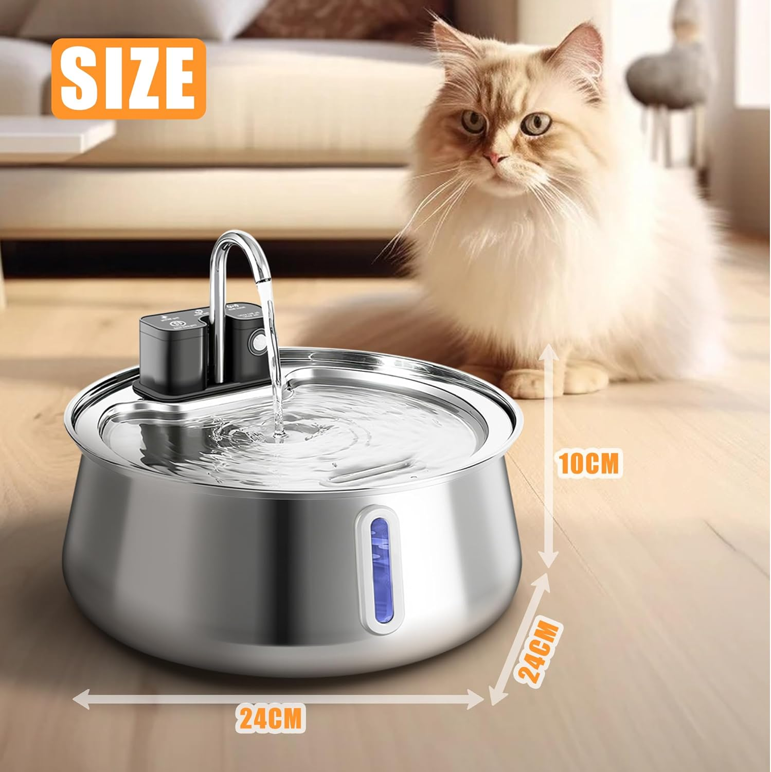 OMIPAWZ Cordless Cat Water Fountain Stainless Steel, 4L Automatic Wireless Pet Drinking Fountain Battery Operated with Water Level Window for Cats Dogs image number 1