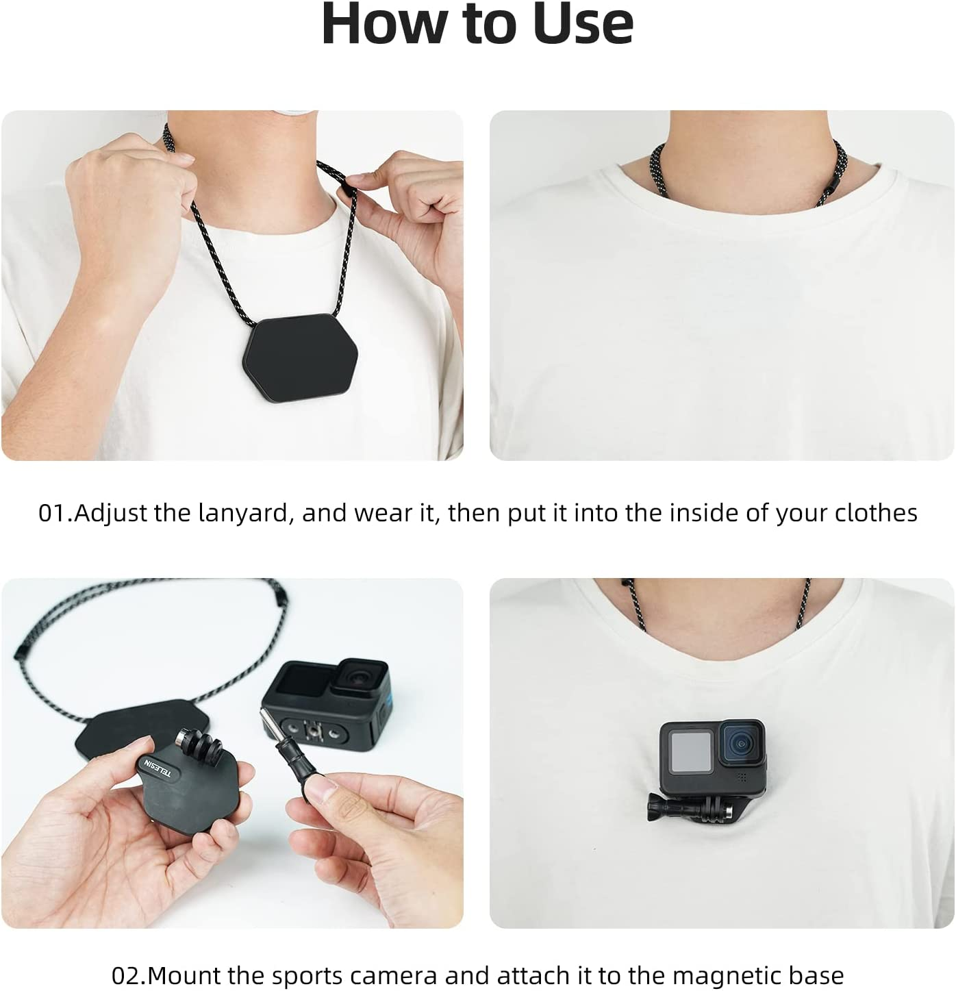 TELESIN Magnetic Snap Mount Neck Strap Necklace Lanyard, 360&deg; Chest Body Strap Accessories Vehicle Boat Tube Attachment for Go Pro Hero 12 11 10 9 8 7 6 5 Insta360 X2 X3 DJI Osmo 360 Action 6 5Pro 4 3 image number 3