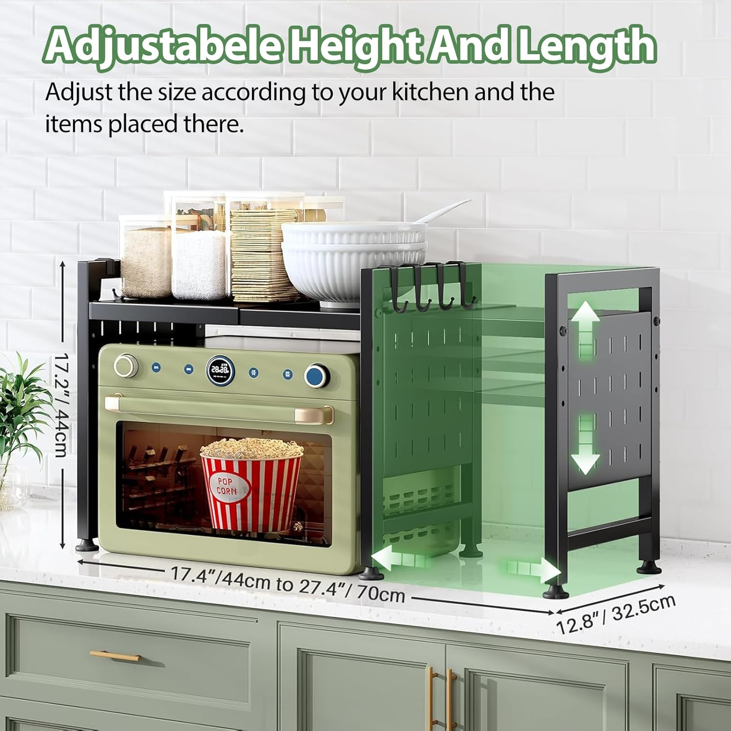 Extendable Microwave Stand, 2-Tier Microwave Shelf with Cutting Boards Stand for Kitchen Storage & Organisation, Heavy Duty Microwave Oven Rack Countertop with 3 Hooks image number 6