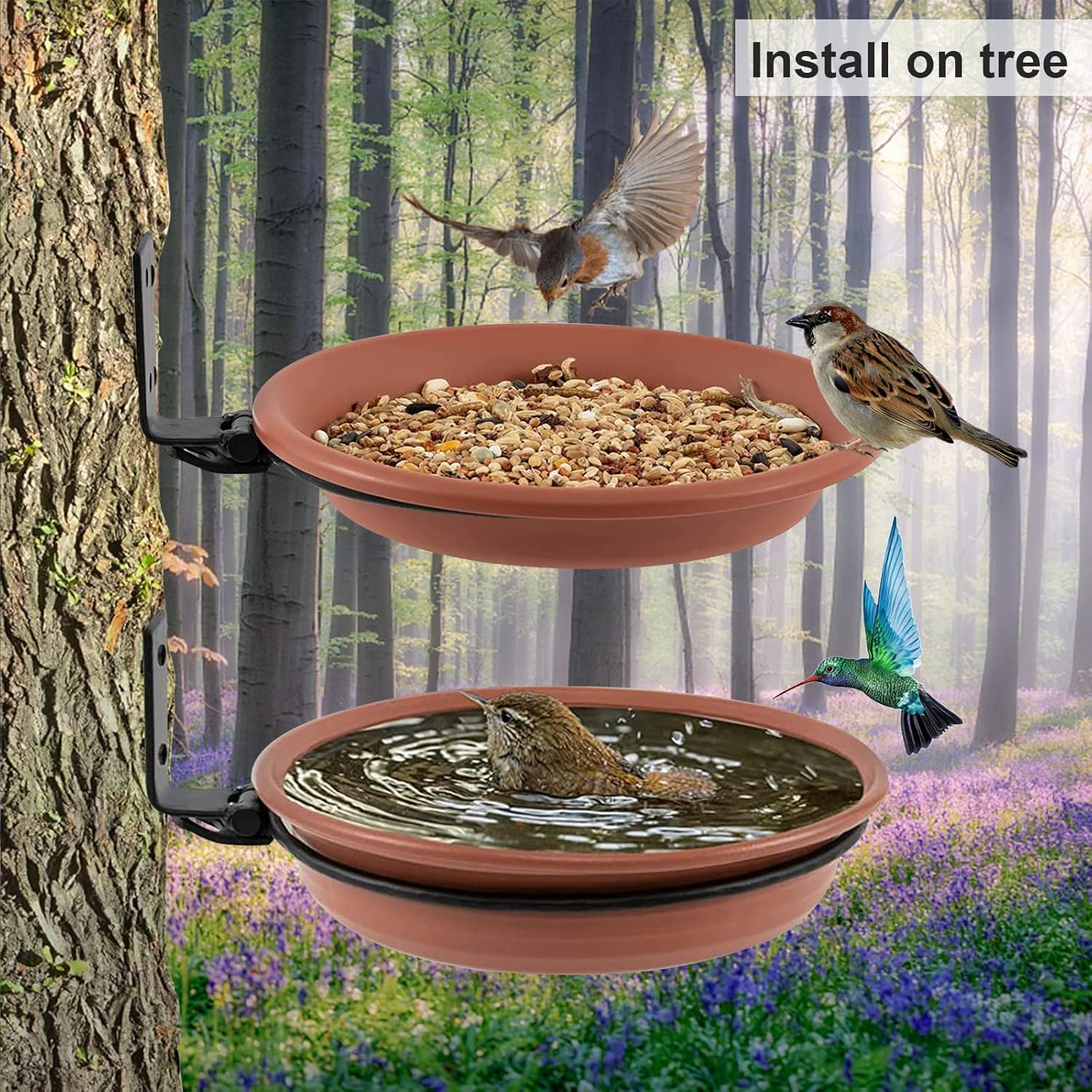2 Packs Wall Mounted Bird Feeder, Multifunctional PP Garden Bird Bath Tray with Iron Brackets, Space Saving Foldable Bird Feeding Tray for Sparrows image number 6