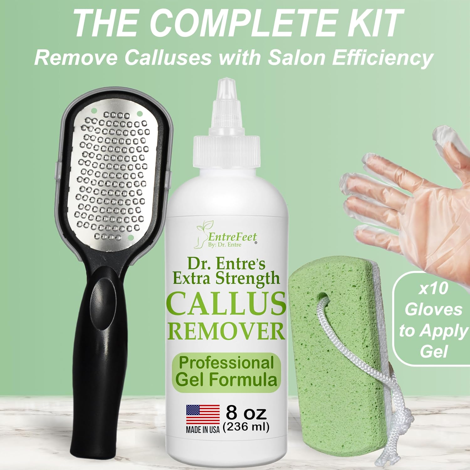 Dr. Entre'S Callus Remover Gel Kit for Feet: Foot File, Pumice Stone, 5 Glove Pairs for Gel Application, Spa Kit, Foot Care, Pedicure Tools, Scrubber, 8Oz