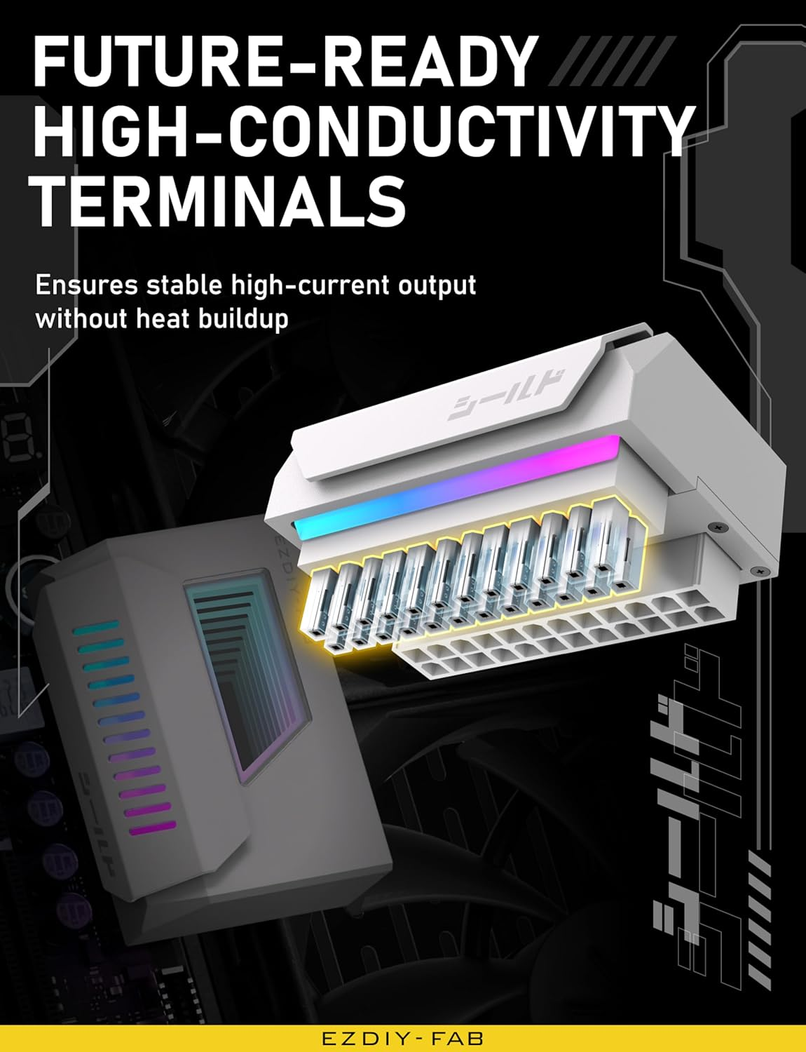 EZDIY-FAB Shield 24-Pin Angle Adapter with Infinity Mirror ARGB Light,Atx 24 Pin Power Connector, 5V 3Pin ARGB Sync-180 Degree-White-1 Pack image number 1
