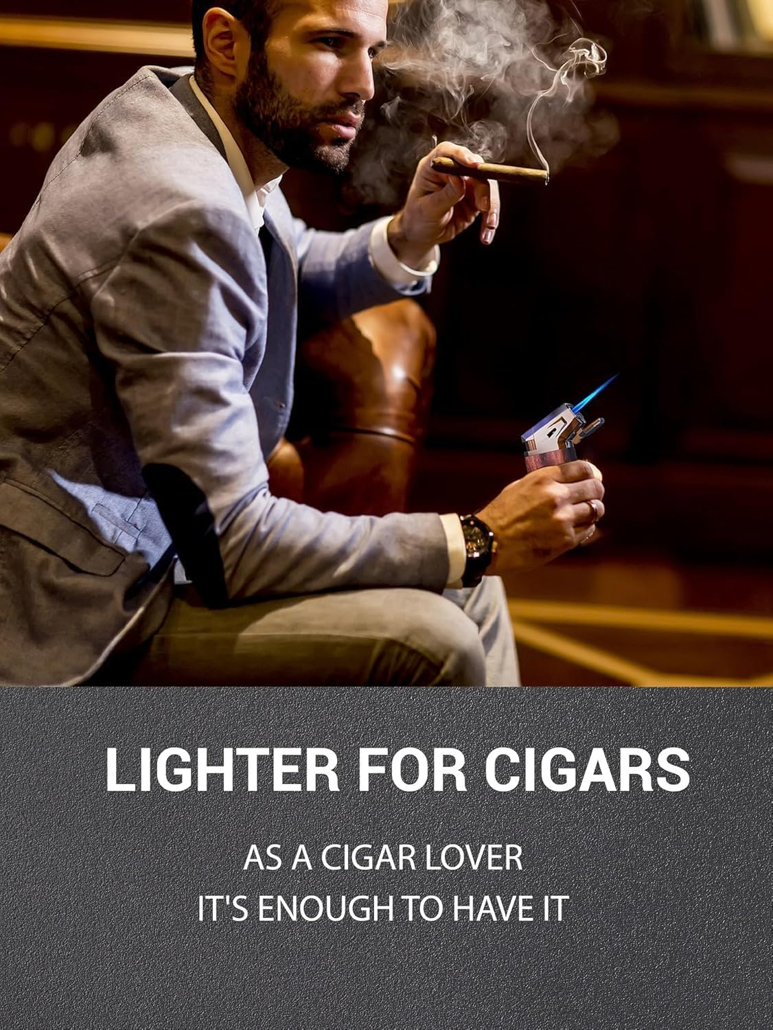 Butane Torch Lighter with V Cutter,Adjustable Cigar Torch Refillable Lighter Butane Double Jet Flame,Windproof Lighter,Adjustable Refillable Butane Lighter Gifts for Men(No Gas) (Brown) image number 6