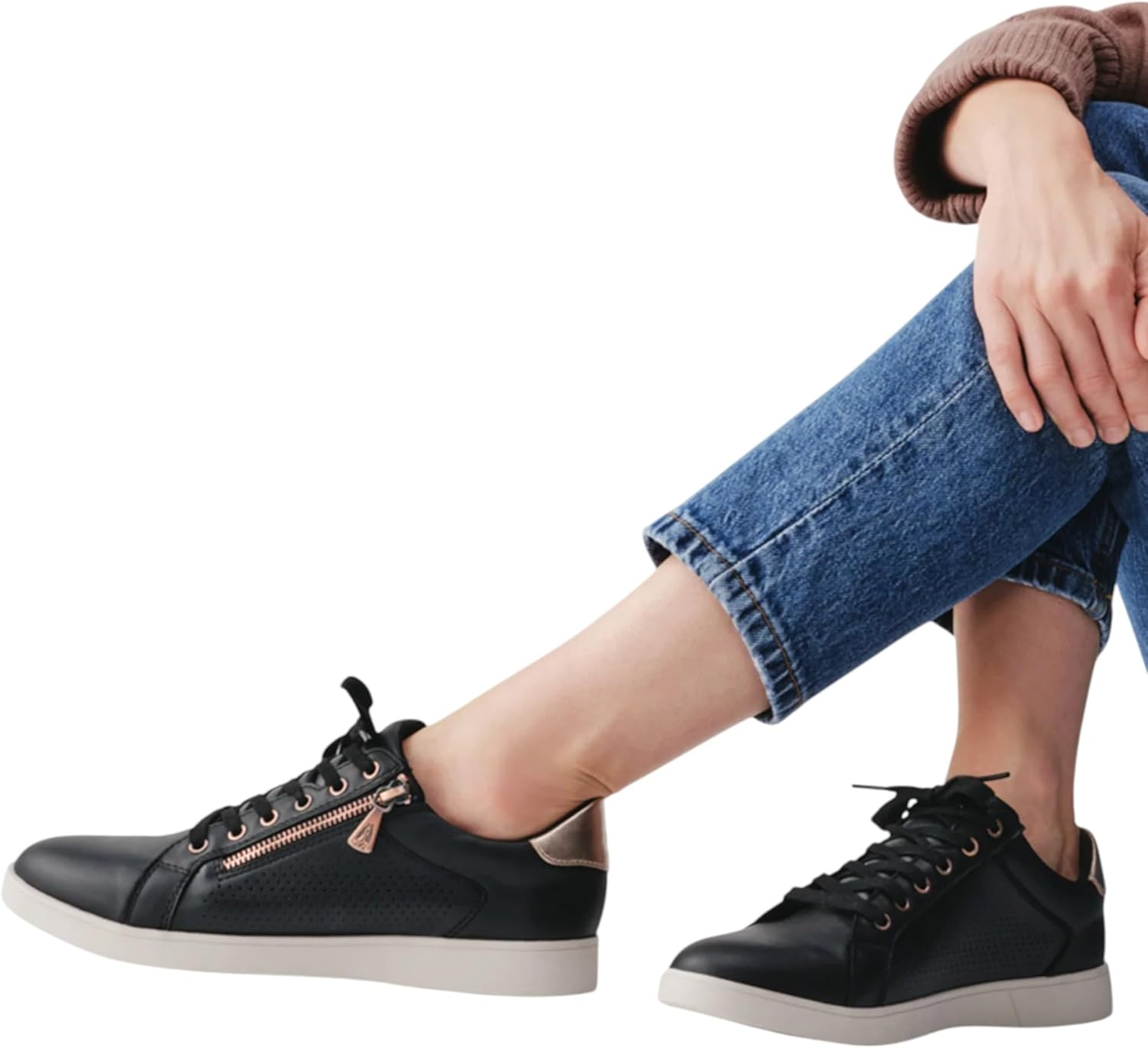 Hush Puppies Womens Mimosa Perf Ladies Sneakers Zip Black Casual Lace up Shoes 8.5 Black/Copper image number 4