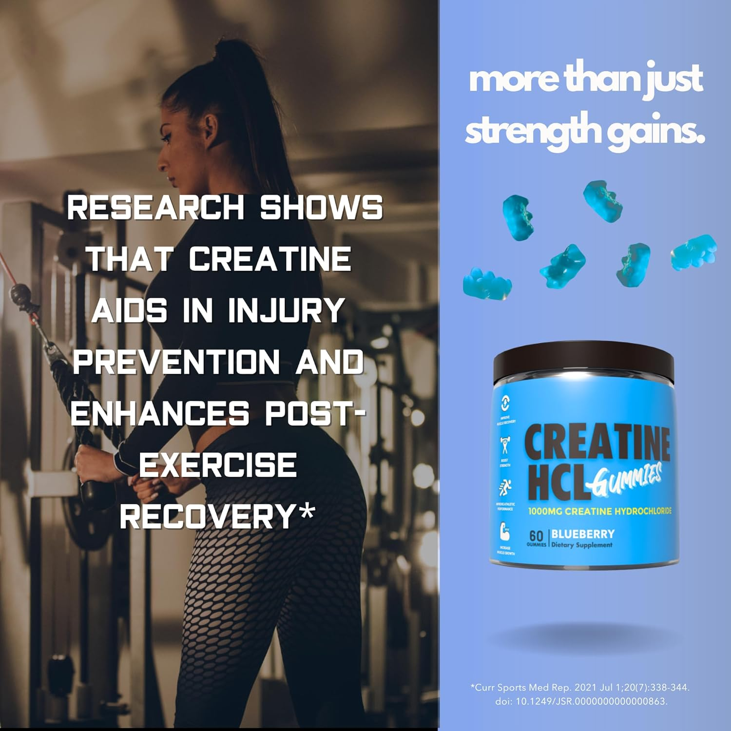 Creatine HCL Gummies &ndash; 1000Mg Blueberry Flavor for Rapid Absorption | Enhance Muscle Size, Strength, Endurance & Power | No Loading Required, Faster than Creatine Monohydrate | 30 Serves